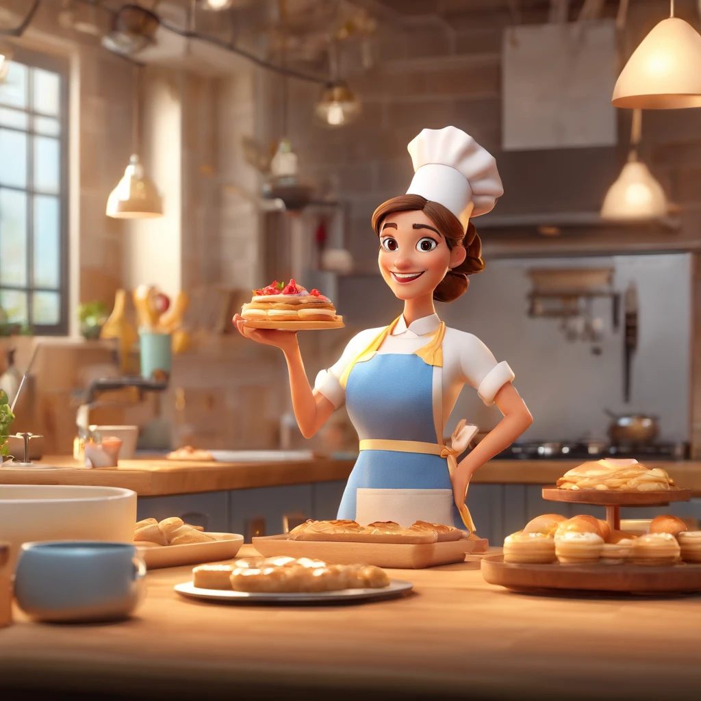 Crie uma cena de desenho animado estilo 3d -Pixar, Onde uma mulher, de cabelos lisos castanhos com 35 anos de idade, She's cooking dressed as a pastry chef.