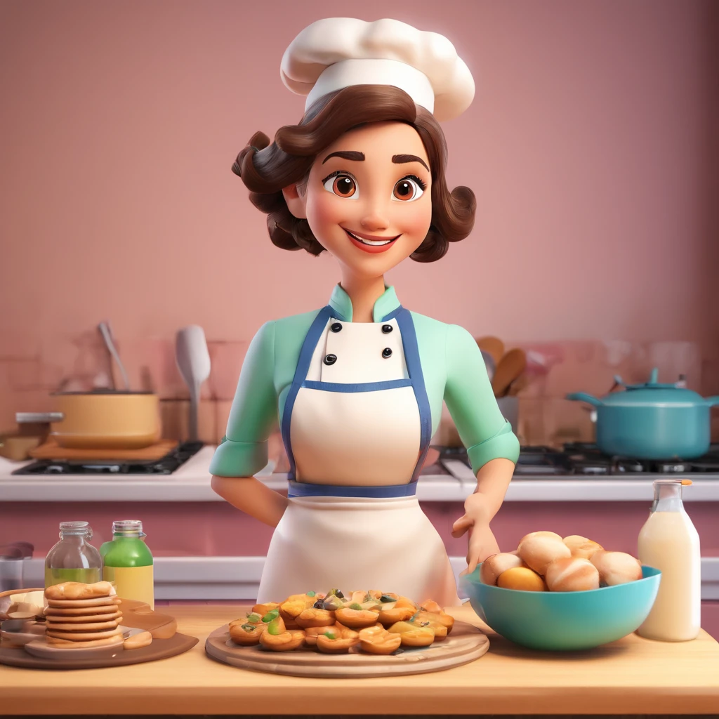 Crie uma cena de desenho animado  estilo 3d -Pixar, Onde uma mulher, de cabelos lisos castanhos com 35 anos de idade, She's cooking dressed as a pastry chef.