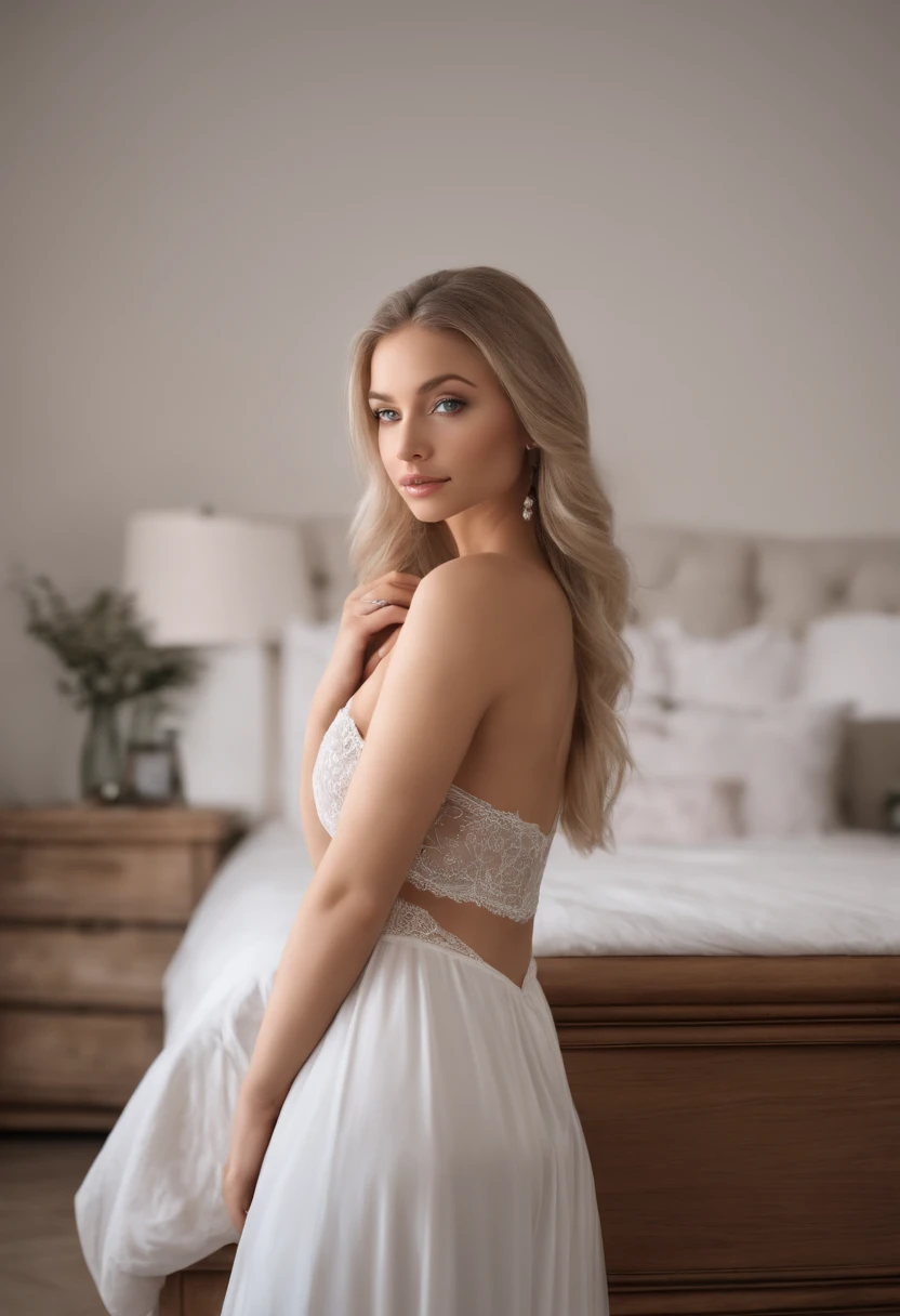 arafed woman fully , sexy girl with blue eyes, ultra realistic, meticulously detailed, portrait sophie mudd, blonde hair and large eyes, selfie of a young woman, bedroom eyes, violet myers, without makeup, natural makeup, looking directly at the camera, face with artgram, subtle makeup, stunning full body shot kneeling on bed, in bedroom, medium to large size bust