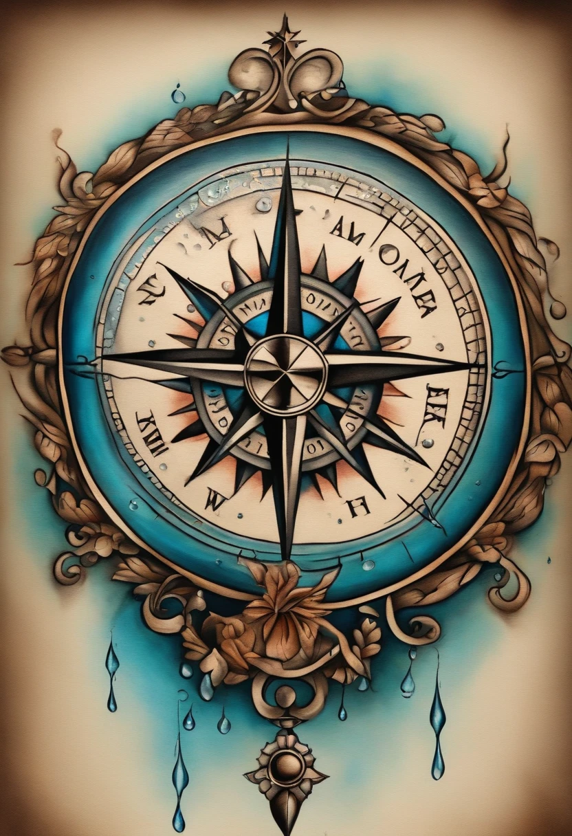 American traditional tattoo, realistic nautical compass, covered with realistic water droplets,
