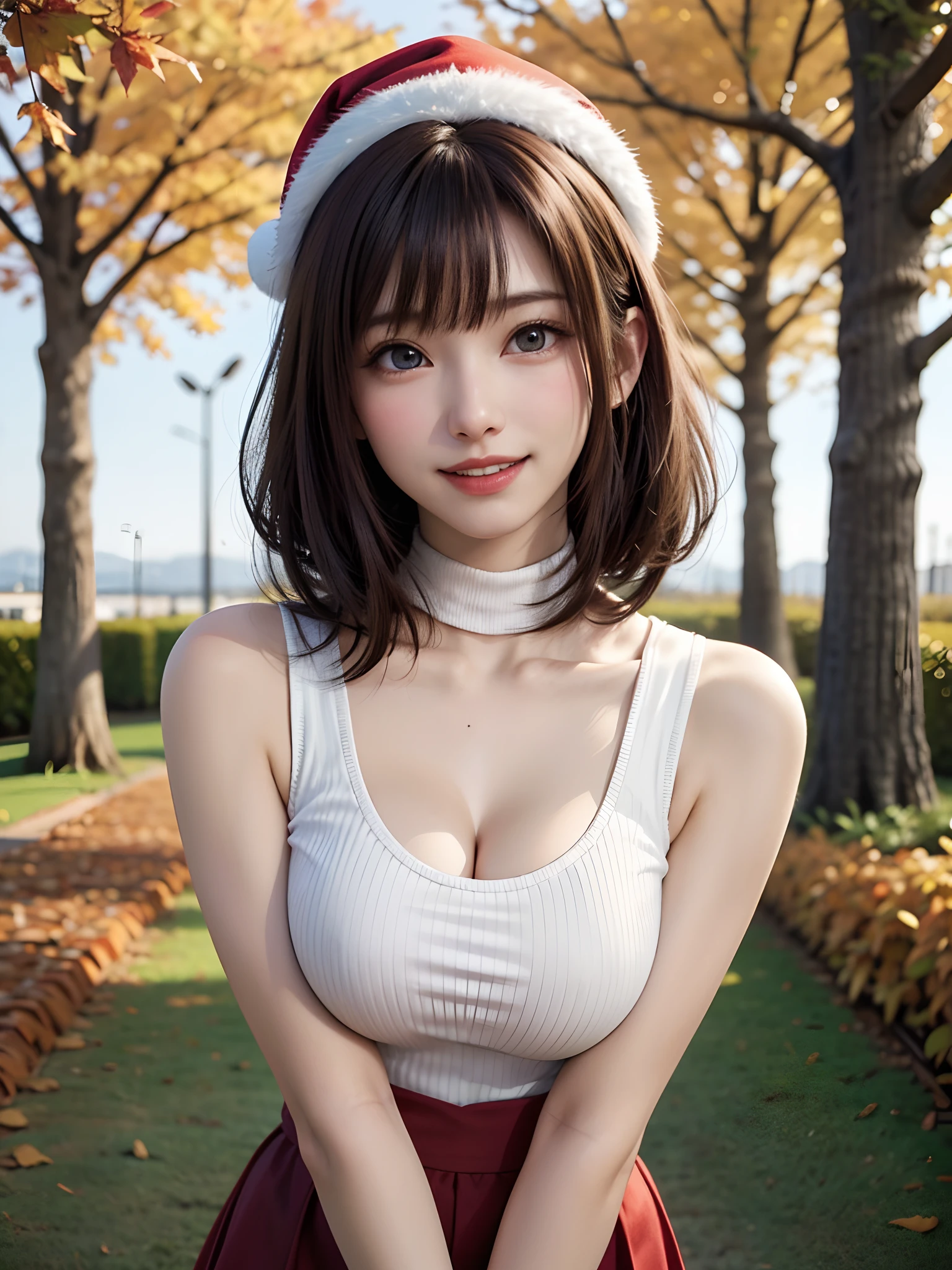 (masutepiece:1.4, top-quality、Very attractive adult beauty with a very cute smile:1.4、Add intense highlights to the eyes:1.4、Look firmly at the camera、Beautiful woman full of adult charm:1.4),1girl in, 独奏, Light brown shiny hair, muffler,Santa Claus hat:1.4,realisitic, looking at the viewers, Bright colored crystal light blue eyes:1.4, short shiny hair, Santa Claus Starneck Knit、 Red and white costume of Santa Claus in turtleneck with round hole in the center of the chest:1.4,Sexy red and blue turtleneck knit sweater with round hole in the center of chest:1.4、 s lips, lipgloss:1.4，bangss, The upper part of the body、big eye、Lashes、The face is a little red:1.4、Embarrassing)、((Canadian tree-lined avenues in autumn:1.4))、((Shorthair with bangs、big eye、Put very strong highlights in your students:1.4、{Gigantic|Big|Huge|Mega} breasts:1.4、very Bigger breasts、gazing at viewer、Very beautiful beauty、Put your ears out:1.4、long neck:1.4、little smiling、Beautiful teeth、Open your mouth and smile:1.4))、28 year old:1.4、Very cute supermodel:1.4、