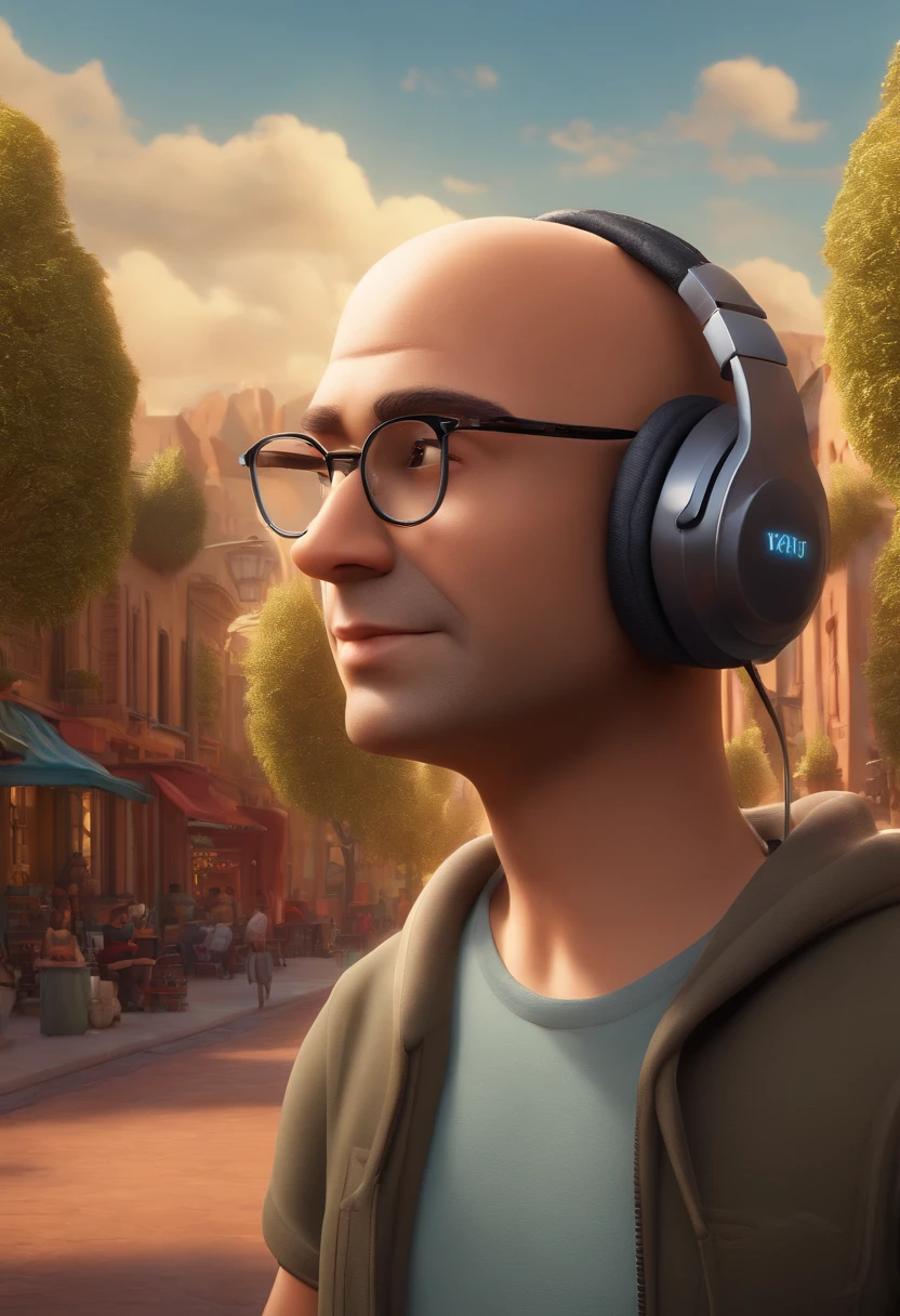 one man, brown eyes, with headphones, bald, wearing glasses, Pixar style image, 3D animated film style, Disney, black t-shirt