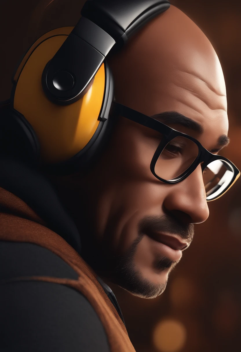 one man, brown eyes, with headphones, bald, wearing glasses, Pixar style image, 3D animated film style, Disney, black t-shirt