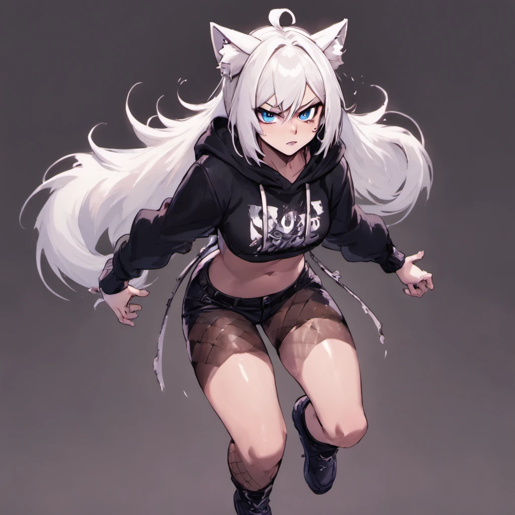 male, Short, has Long white hair, has wolf ears, has wolf tail, has blue eyes, wearing denim short shorts, thigh high fishnets, black combat boots, wearing cropped black hoodie, flat chest, super flat chest, solo femboy, only one femboy ((FLAT CHEST)) (ALONE)(SOLO) Alone, solo, wide hips, thicc thighs, male, is male