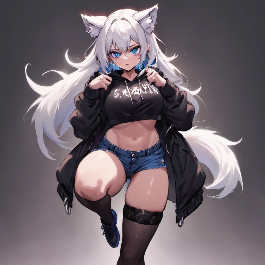 male, Short, has Long white hair, has wolf ears, has wolf tail, has blue eyes, wearing denim short shorts, thigh high fishnets, black combat boots, wearing cropped black hoodie, flat chest, super flat chest, solo femboy, only one femboy ((FLAT CHEST)) (ALONE)(SOLO) Alone, solo, wide hips, thicc thighs, male, is male