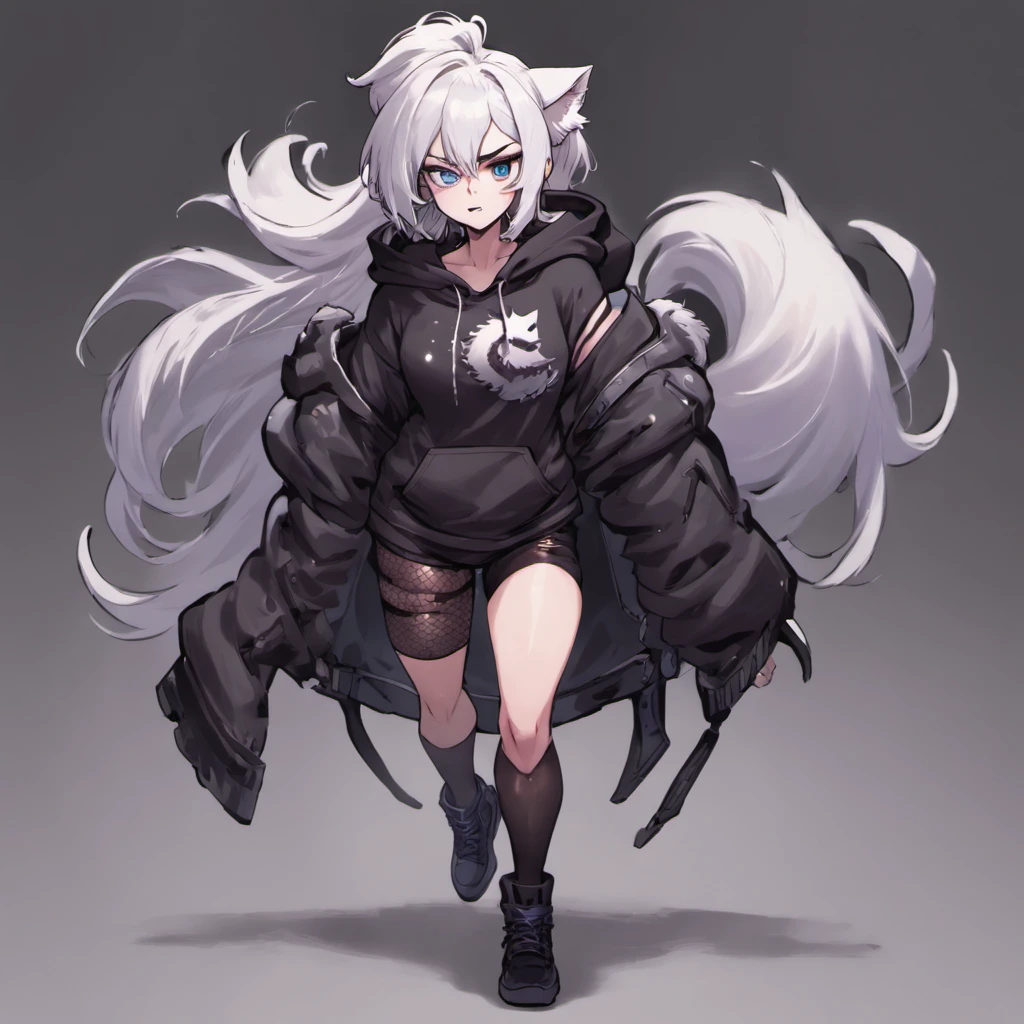 male, Short, has Long white hair, has wolf ears, has wolf tail, has blue eyes, wearing denim short shorts, thigh high fishnets, black combat boots, wearing cropped black hoodie, flat chest, super flat chest, solo femboy, only one femboy ((FLAT CHEST)) (ALONE)(SOLO) Alone, solo, wide hips, thicc thighs, male, is male
