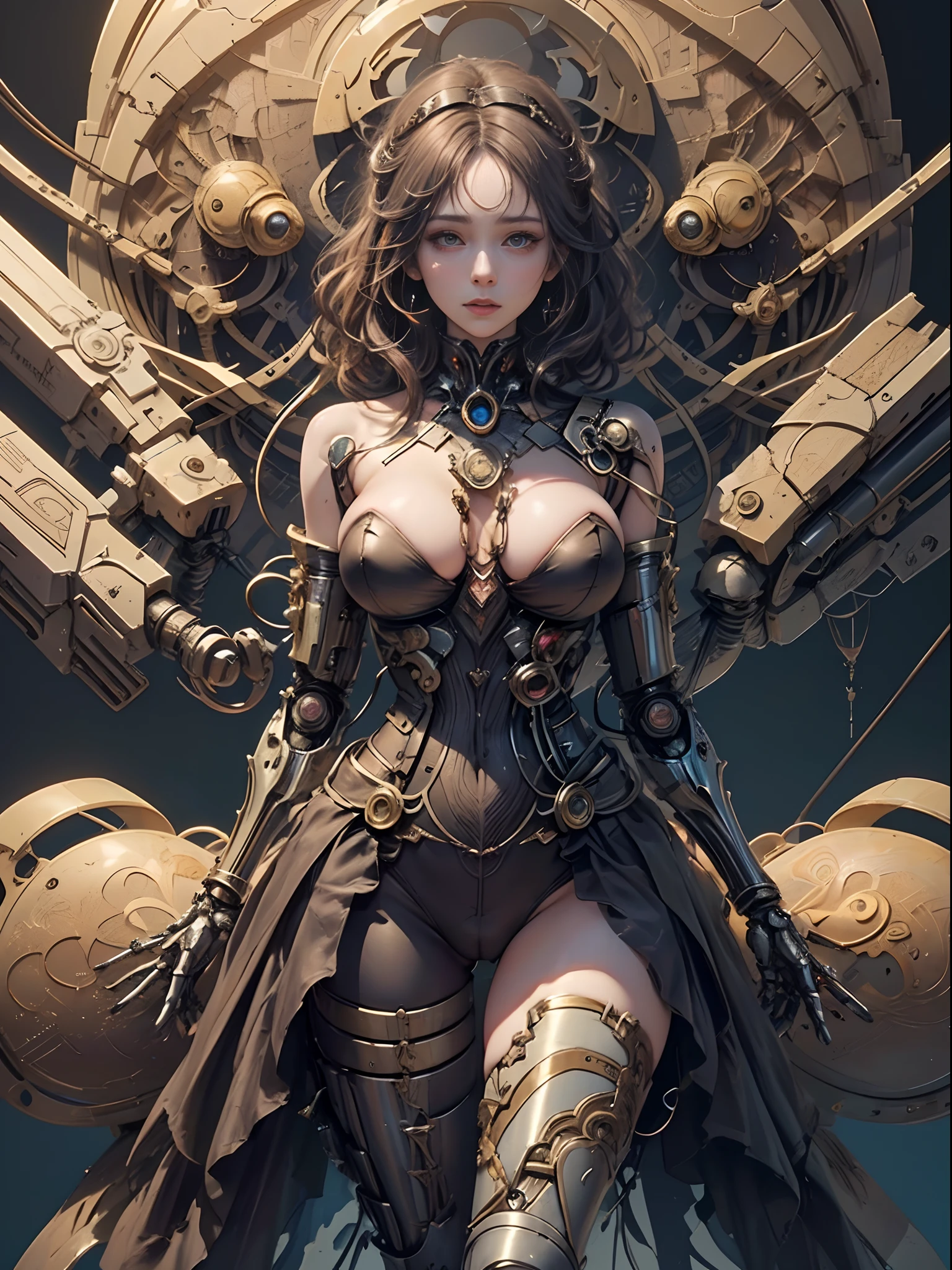 (Masterpiece, top quality, best quality, official art, Beauty and Aesthetics: 1.2), (1 Girl: 1.3), Very Detailed, Colorful, Most Detailed ((Super Detailed)), (Highly Detailed CG Illustration), (Very Delicate and Beautiful), (From the Front), Cinema Light, ((1 Mechanical Girl)), Single, Complete, (Machine-Made Joints: 1.2), ((Mechanical Limbs)), (Many Mechanical Tentacles), (Tied), (True), (Blood Vessels Attached to Tubes), (Mechanical Vertebrae Attached to the Back) ,((hourglass body:1.8,large real breasts:1.6,large metal :1.8))((mechanical cervical vertebrae attached to her neck)), (lying on her stomach), (legs open:1.2,real puffy :1.2),((orgasmic expression)),(sensual:1.4), (wires and cables connected to the neck: 1.2), (wires and cables connected to the head: 1.2) (character focus), science fiction, black background,(mucus: 1.5),looking at viewer seductively, NSFW.