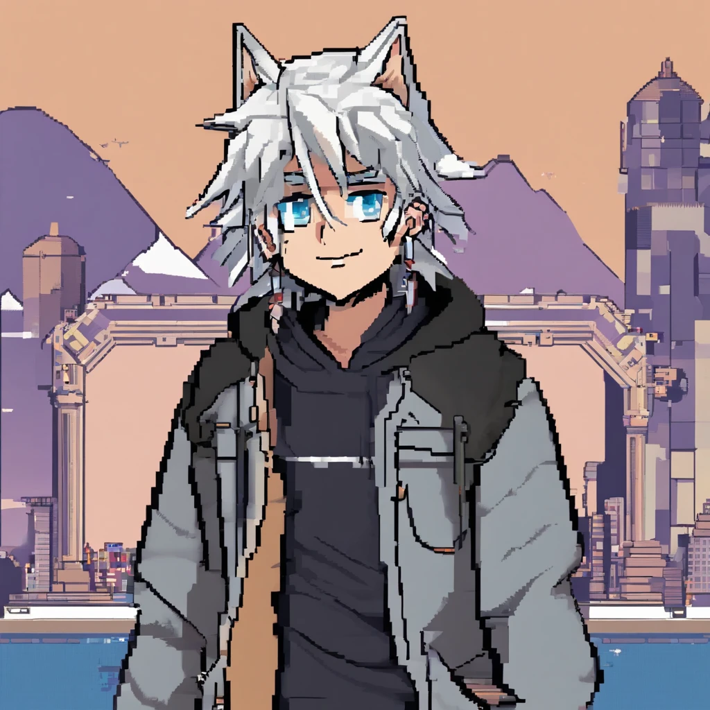male, Short, has Long white hair, has wolf ears, has wolf tail, has blue eyes, wearing denim short shorts, thigh high fishnets, black combat boots, wearing cropped black hoodie, flat chest, super flat chest, solo femboy, only one femboy ((FLAT CHEST)) (ALONE)(SOLO) Alone, solo, wide hips, thicc thighs, male, is male