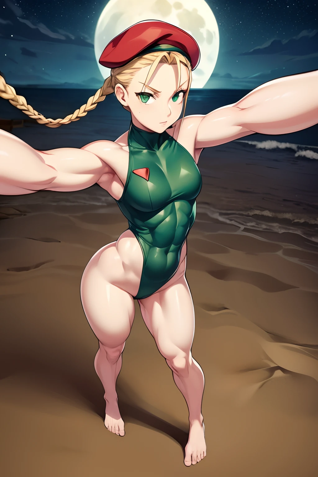 1 girl like SF6CW, white Cammy with perfect body, (((green eyes))), beautiful, toned body: 1.2, camo, green leotard, red beret, braided hair, blonde, standing, thighs (((muscular)) ), (muscular belly), bare feet, small feet, full body, 8k, very detailed scene, (((on the beach at night with starry sky and full moon))), very thin waist, very clear photo, very detailed scene , (((taking full body selfie)))