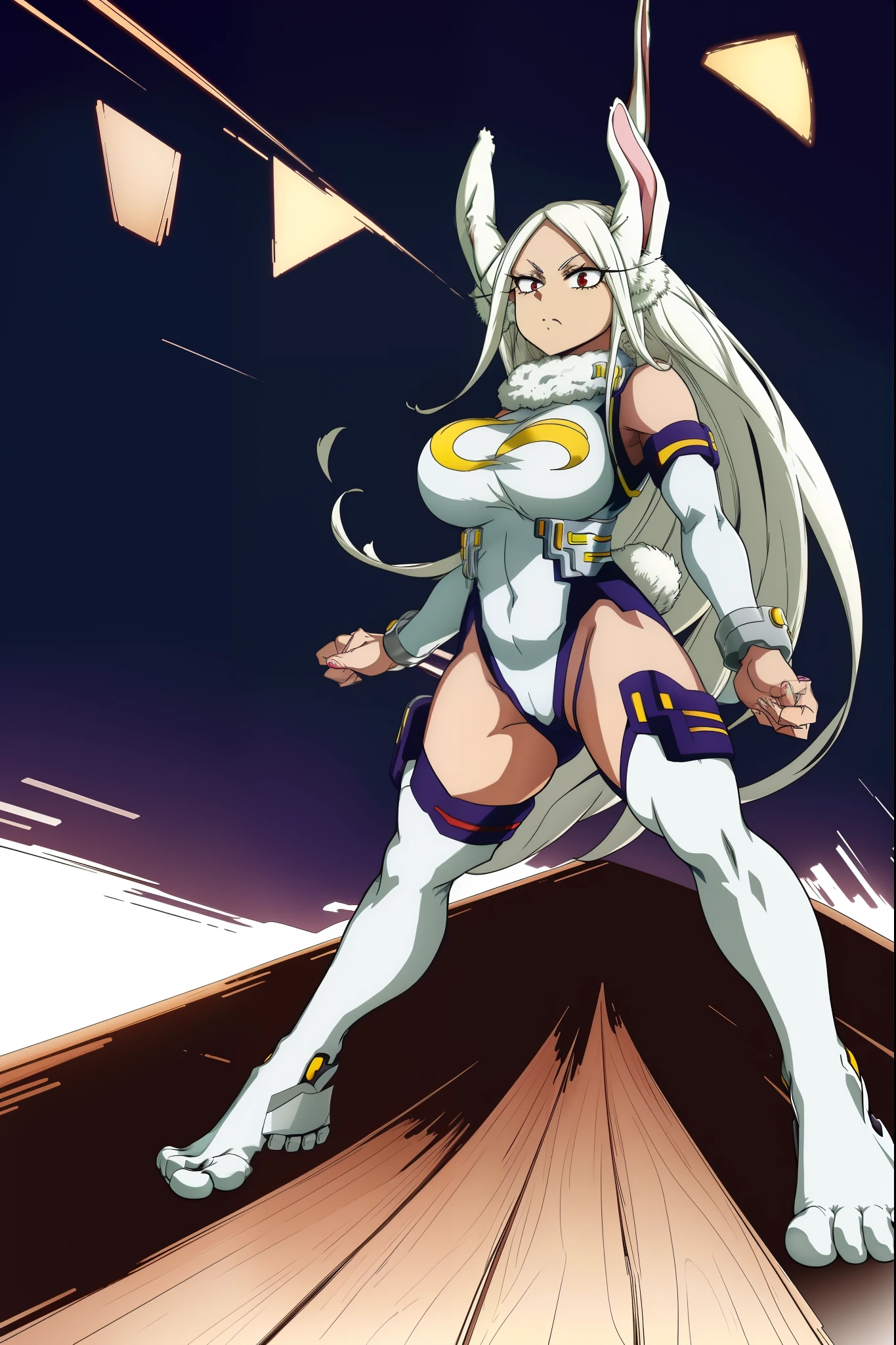 scan, (extremely detailed CG unity 8k wallpaper:1.1), highres, ambient light, (1girl), mirkomha, boku no hero academia, rabbit ears, ((dark skin:1.5)), red eyes, (white hair, long hair), large breasts, leotard, full body, feet,,darkskinned-female