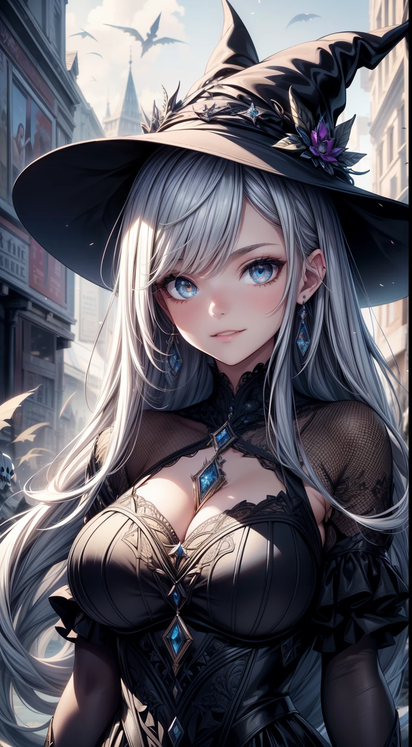 (Best quality,A high resolution,Masterpiece:1.2),Ultra-detailed,Realistic:1.37,Portrait,1girll,Spooky Grin,pale white face,Jack-o'-lantern in hand,Worn-out witch hat,Skull patterned clothing,Countless jack-o-lanterns,Bare trees,Flying swarm of bats,eerie moonlight,Painting,Studio lighting,Sharp focus,Vivid colors,Bokeh,Lively brushstrokes,Texture details,Subtle shadows,Impeccable proportions,Meticulously crafted,Perfect execution,Emotional coloring,Expressive faces,natural skin tones,Delicate lighting,Sublime ingredients,Intricate details,Splendid atmosphere,Evocative,Impressive depth,exquisite craft,Subtle nuances,Timeless beauty,Radiant hair,dramatic contrast,Mesmerizing textures,impressionistic landscapes,Brilliant color palette,emotional impact,haunting,fine art,Superb technique,Detached elegance,Awe-inspiring,Circle of Minds,