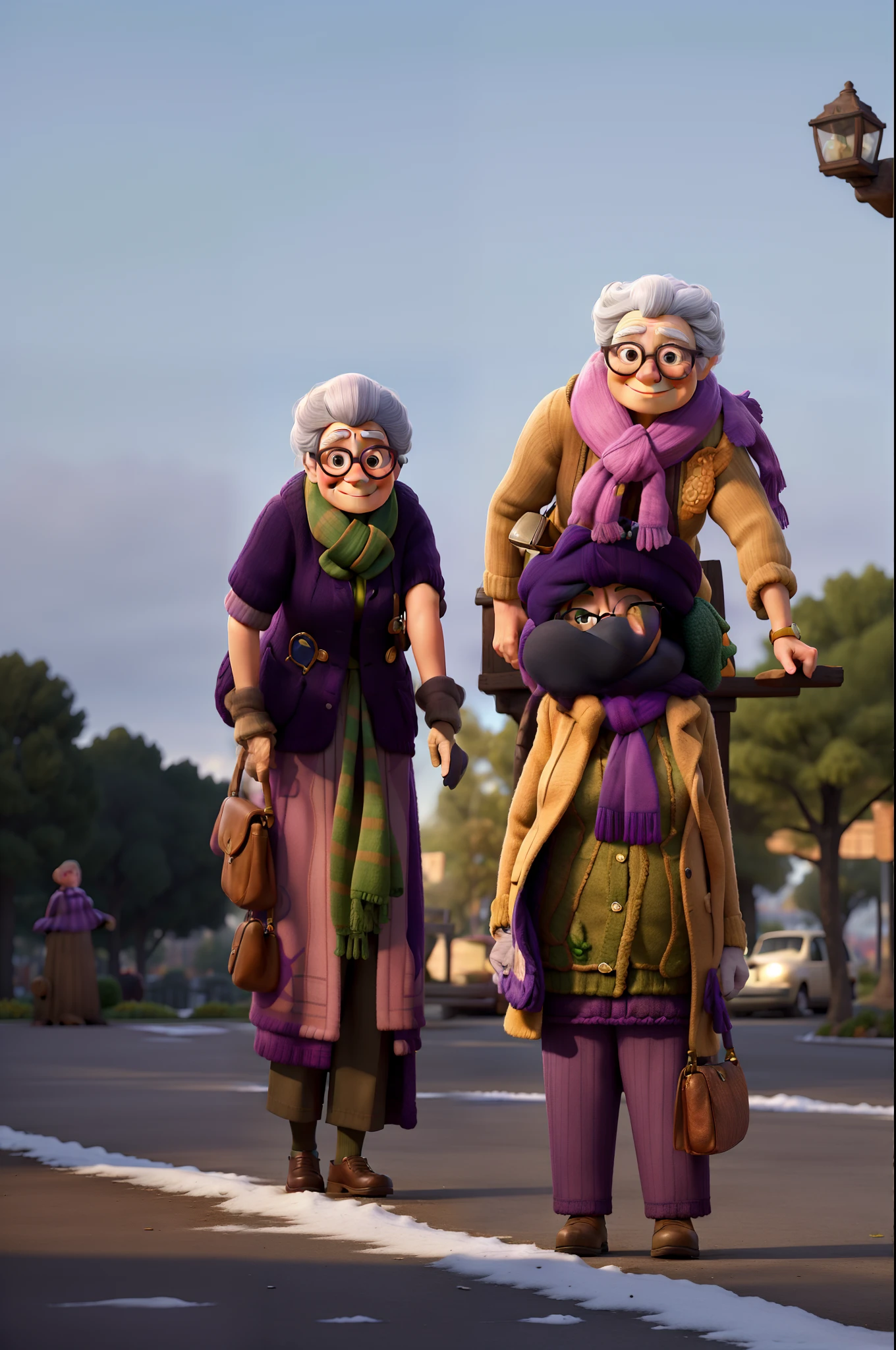 masterpiece, best quality, an old woman with glasses and a scarf on, wearing a purple coat and green scarf, standing at the park