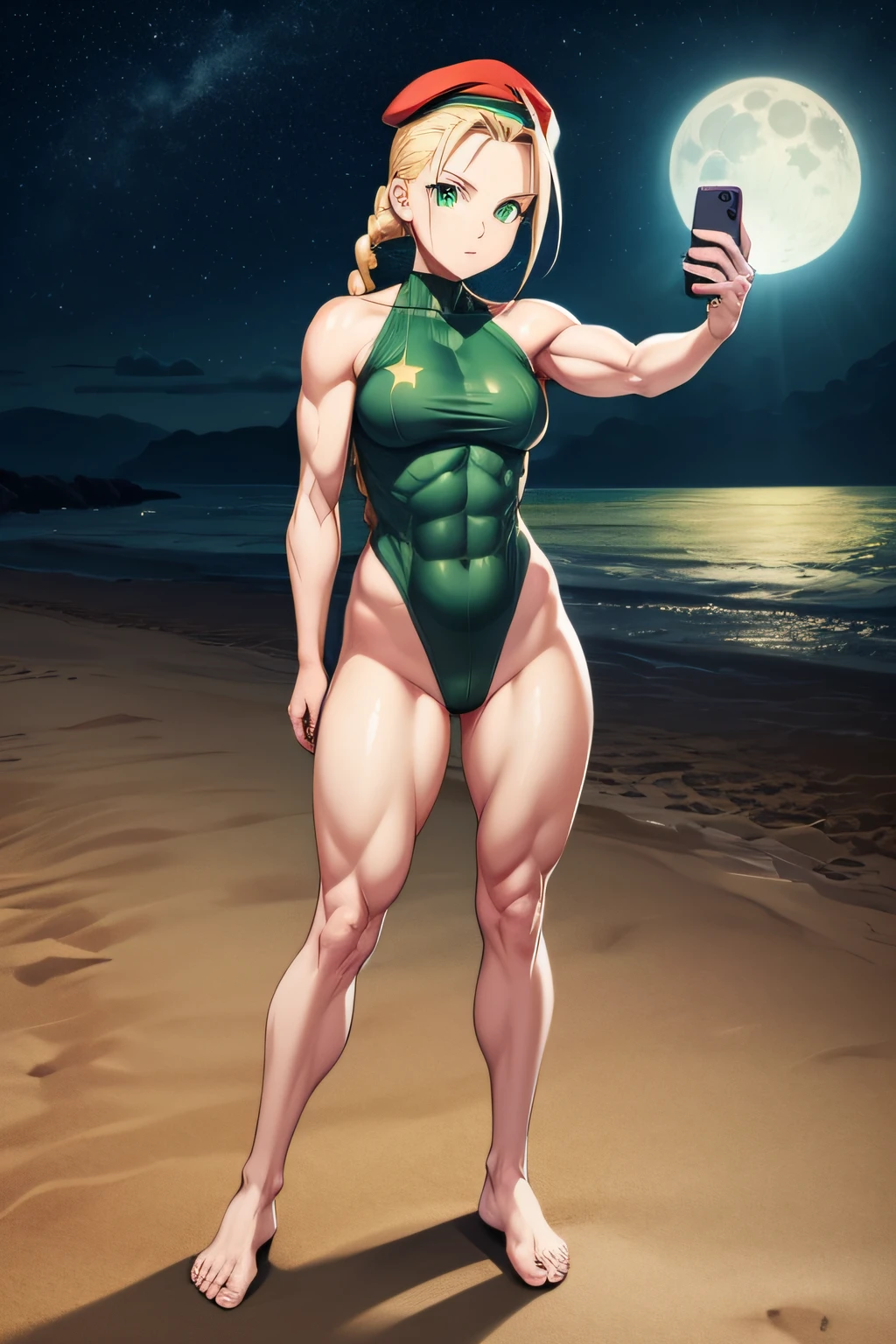 1 girl like SF6CW, white Cammy with perfect body, (((green eyes))), beautiful, toned body: 1.2, camo, green leotard, red beret, braided hair, blonde, standing, thighs (((muscular)) ), (muscular belly), bare feet, small feet, full body, 8k, very detailed scene, (((on the beach at night with starry sky and full moon))), very thin waist, very clear photo, very detailed scene , (((taking full body selfie)))