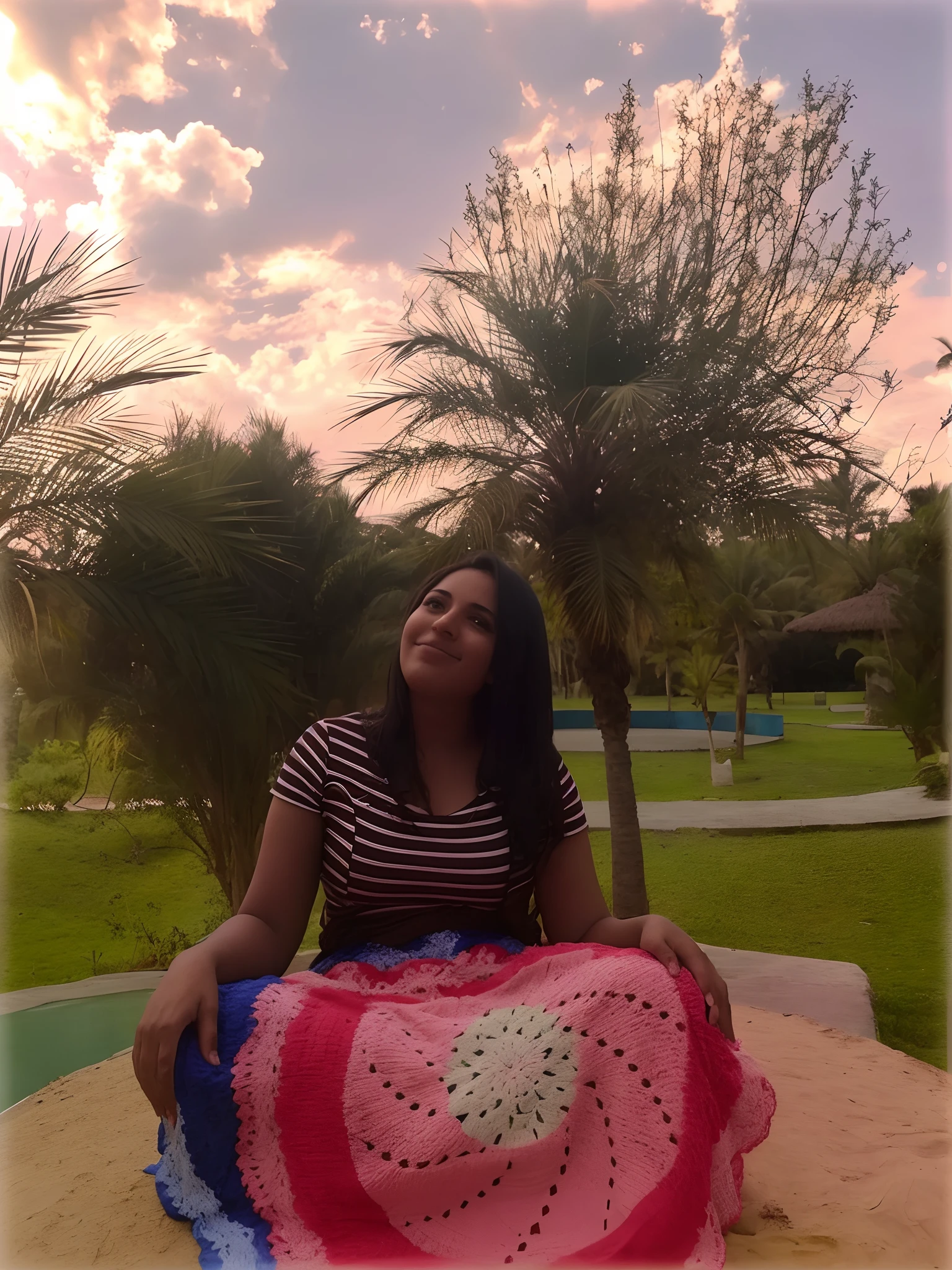 There's a woman sitting on a blanket in the sand, background is celestial, at sunset, divertindo-se, during sunset, in the sunset, at a beautiful sunset, ao nascer do sol, in the sunset, with sunset, during a sunset, durante o nascer do sol, Sunset!, Por Reyna Rochin, no parque em um belo dia, com pano de fundo de raios de deus