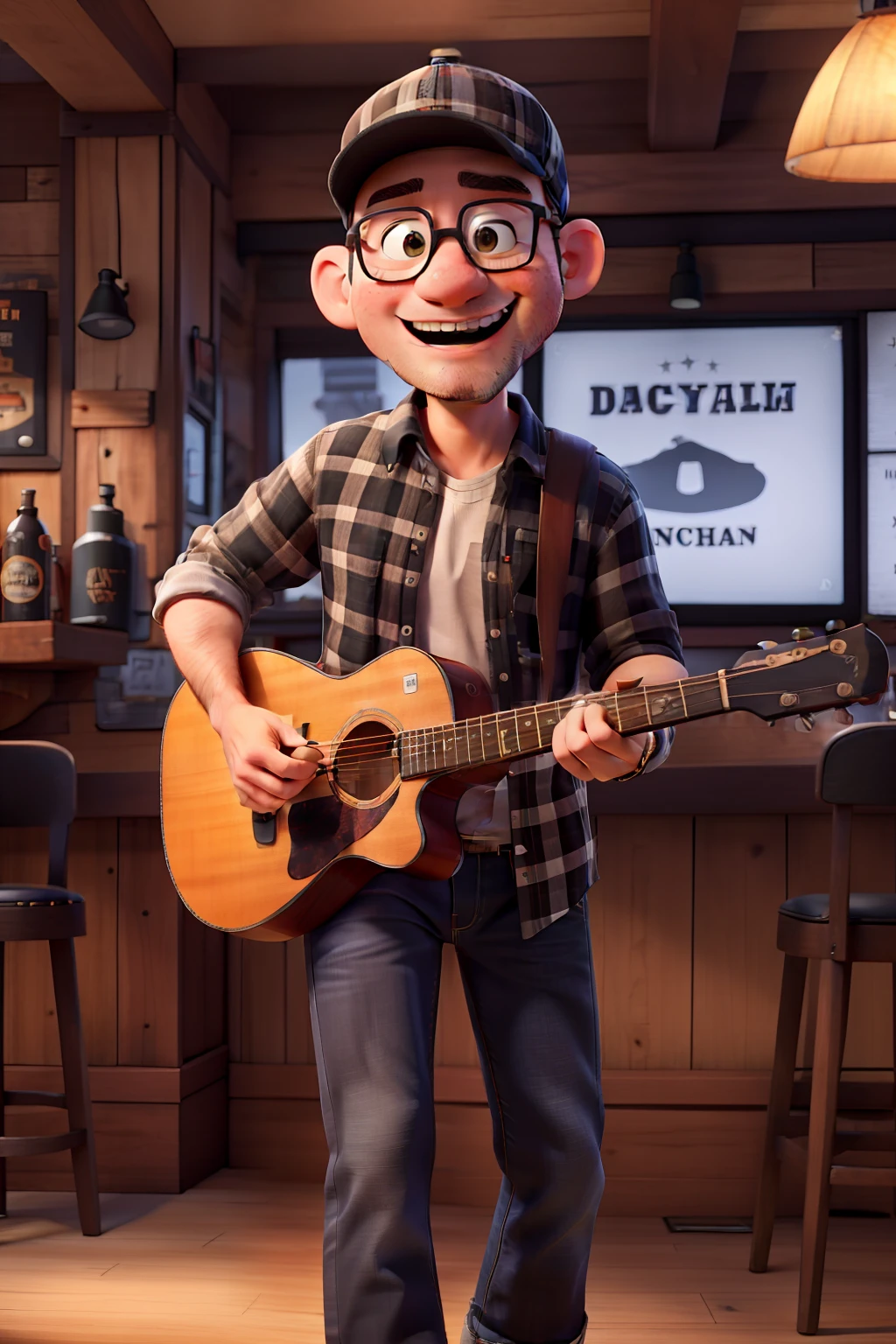 Playing guitar and singing in a bar,Bald man in cap and black beard jeans and plaid shirt