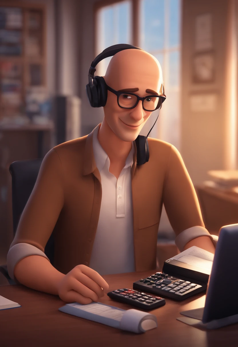 a man, brown eyes, no hair, with headphones, an accounting office in the background, holding a calculator, with glasses, Pixar style image, 3D animated film style, Disney, black t-shirt