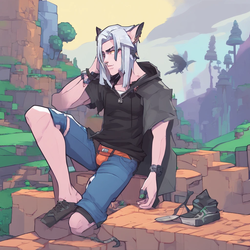 male, has Long white hair, has wolf ears, has wolf tail, has blue eyes, wearing denim short shorts, thigh high fishnets, black combat boots, wearing cropped black hoodie, flat chest, super flat chest, solo femboy, only one femboy ((FLAT CHEST)) (ALONE)(SOLO) Alone, solo, wide hips, thicc thighs, male, is male