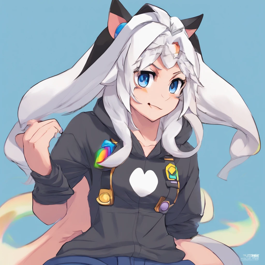 male, has Long white hair, has wolf ears, has wolf tail, has blue eyes, wearing denim short shorts, thigh high fishnets, black combat boots, wearing cropped black hoodie, flat chest, super flat chest, solo femboy, only one femboy ((FLAT CHEST)) (ALONE)(SOLO) Alone, solo, wide hips, thicc thighs, male, is male