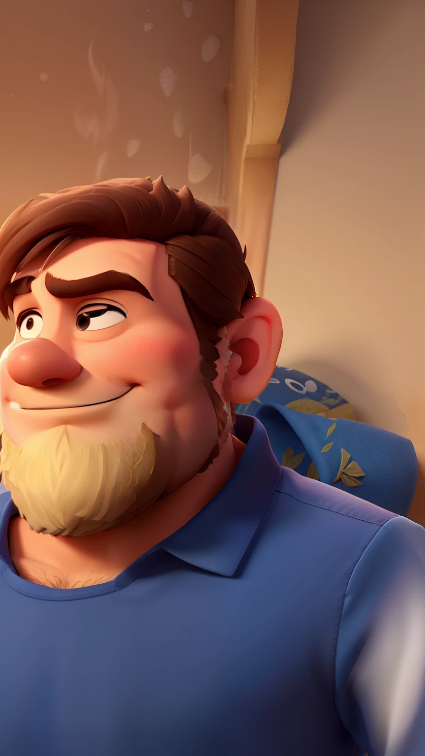 Um homem branco com barba feita sem camisa meio fortinho e brinco na orelha estilo Disney Pixar, alta qualidade, melhor qualidade