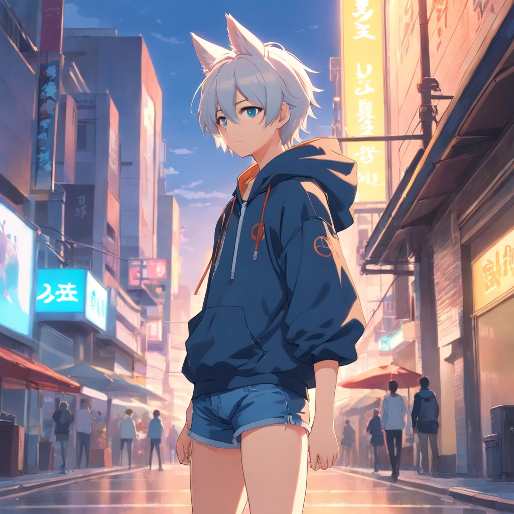 male, has Long white hair, has wolf ears, has wolf tail, has blue eyes, wearing denim short shorts, thigh high fishnets, black combat boots, wearing cropped black hoodie, flat chest, super flat chest, solo femboy, only one femboy ((FLAT CHEST)) (ALONE)(SOLO) Alone, solo, wide hips, thicc thighs, male, is male