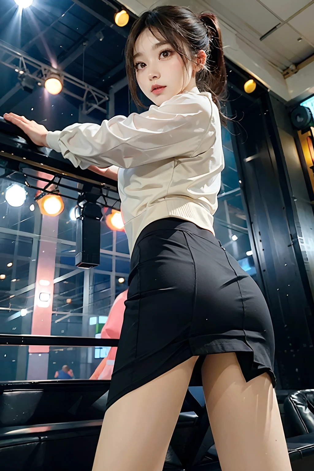 1 girl, (face the audience:1.8)，Solo, Running, Gray Track Top,plain face ，Pink super mini skirt,white panty、 poneyTail, Liuhai，large boob,athletic figure，Black hair，dynamic brushstrokes，Smooth movement，Capture the essence of her sportsmanship and energy，Light and pastel tones create a dreamy and ethereal atmosphere，Expressing running movement and grace，The wind blew her ponytail and clothes，and the scenery of her surroundings。outside of house，细致背景，Modern metropolis，