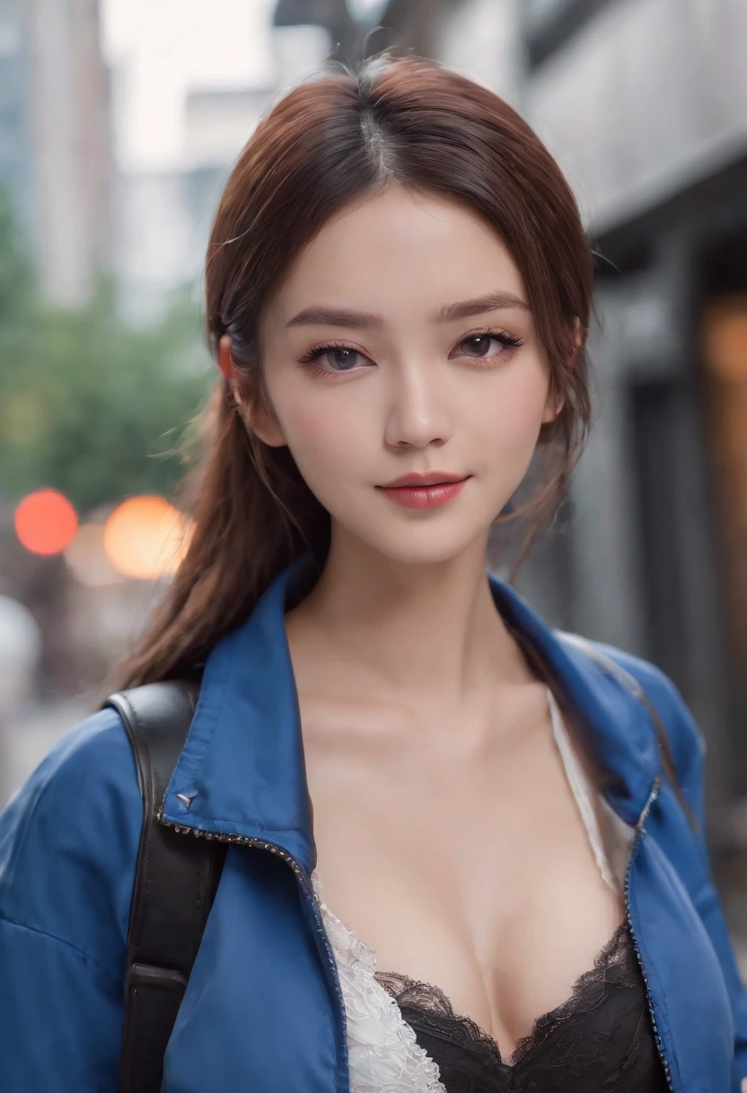 Beautiful, Japanese, Chinese girl, 1girl, (((arafed woman in blue jacket, white short sleeves))), ((black bra)), ((tight black jeans shorts)), posing for a photo, wearing a bomber jacket, quality best, beautiful girl with details, medium breasts, smiling, very detailed eyes and face, very detailed eyes and face, large file size, high resolution, 8k wallpapers, nice details, very detailed ticker uniform 8k wallpapers, light in face, film lighting, 20 year old girl, sexy pose, (Photorealism: 1.4), illustration, super detail, ((cyberpunk city background)),