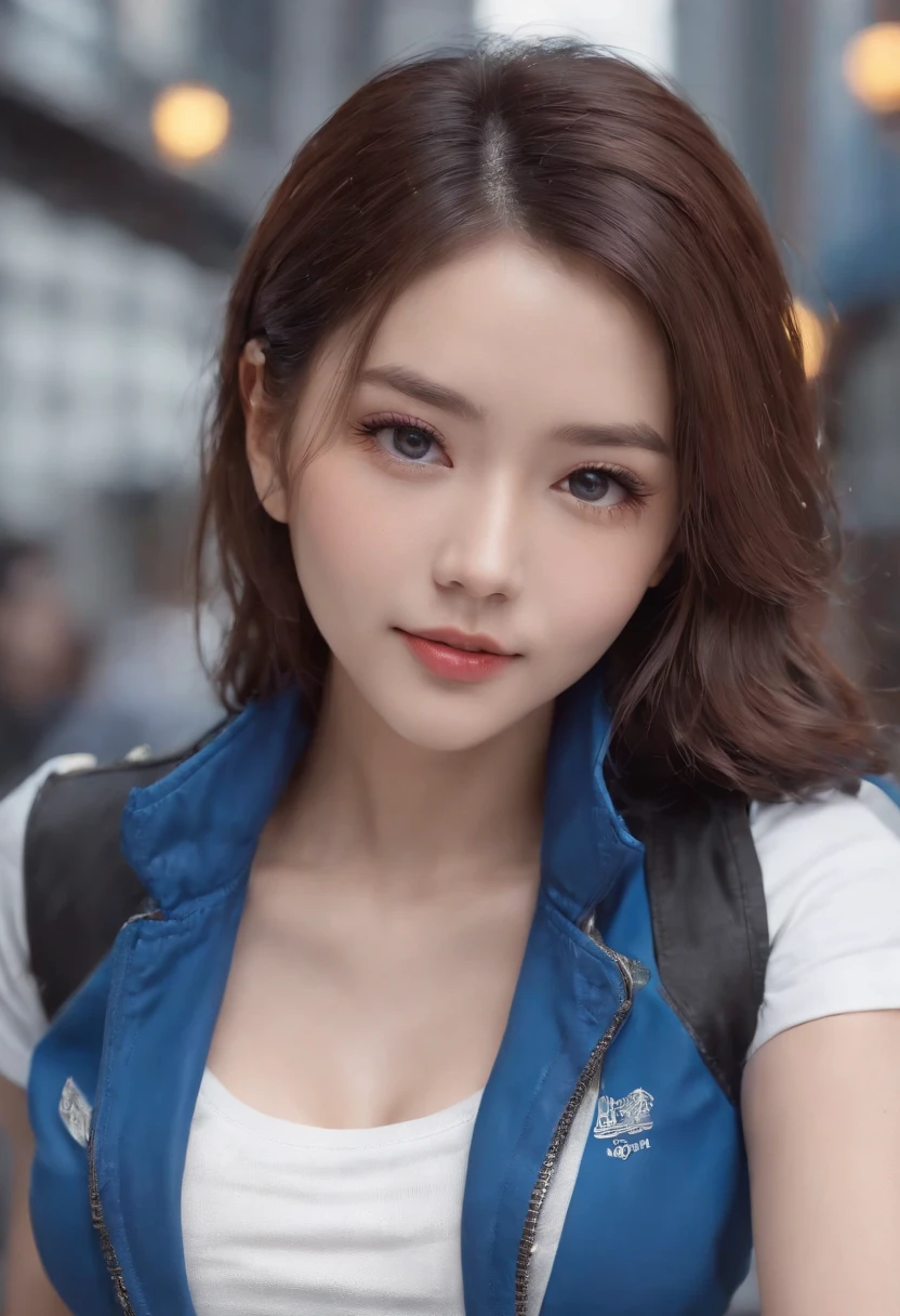 Beautiful, Japanese, Chinese girl, 1girl, (((arafed woman in blue jacket, white short sleeves))), ((black bra)), ((tight black jeans shorts)), posing for a photo, wearing a bomber jacket, quality best, beautiful girl with details, medium breasts, smiling, very detailed eyes and face, very detailed eyes and face, large file size, high resolution, 8k wallpapers, nice details, very detailed ticker uniform 8k wallpapers, light in face, film lighting, 20 year old girl, sexy pose, (Photorealism: 1.4), illustration, super detail, ((cyberpunk city background)),