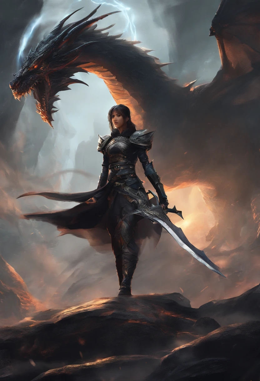 mythology, dragon slayer 12 year old girl with sword, dressed in black, highly detailed, 8k, realistic Full HD, best quality, cinematic lighting, volumetric lighting