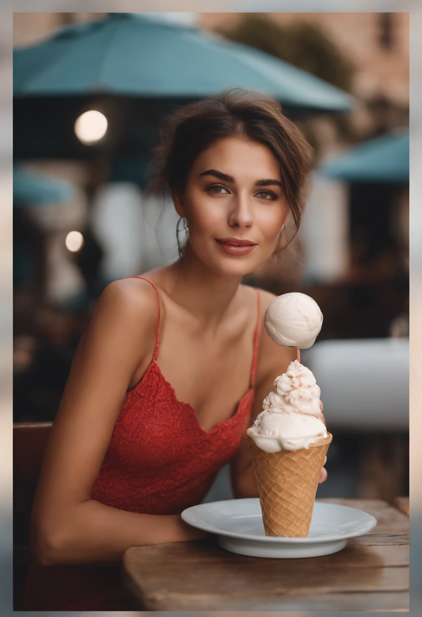 woman sitting at a table with a cup of ice cream and a straw, eating ice cream - cream, eating ice cream, ice cream on the side, ice cream, profile picture, ice cream cone, profile picture, with a straw, not blurry, profile picture , about 20 yo, milkshake, Director: Nandor Soldier, Alanis Guillen