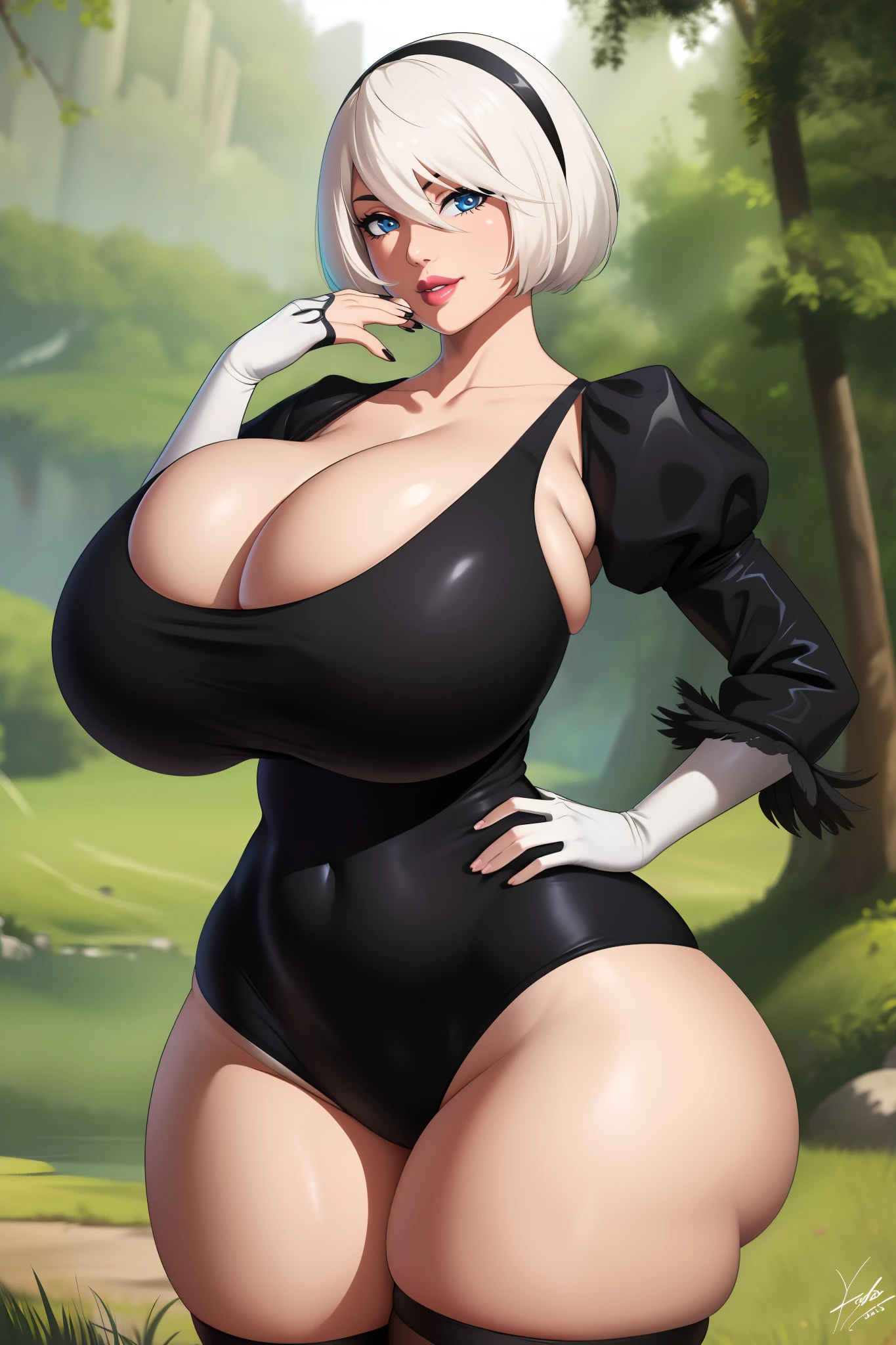 2b yorha, 1girl, ((bimbo))), short white hair, blue eyes, puffy lips, painted lips, thick lips, wide hips, thick thighs, huge ass, bimbo face , enormous huge natural breasts, cleavage, panties, hanging breasts, one hand on hip, (((smiling))), other (((hand on mouth))), accuratefingers, detailed fingers