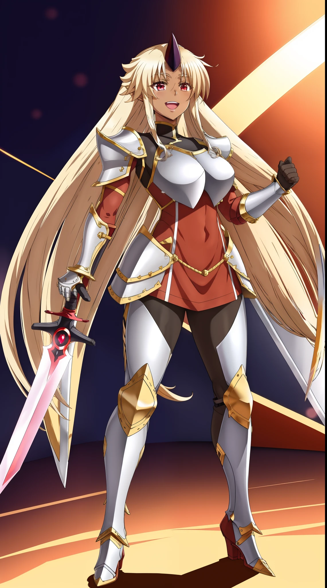 single horn very long hair tall female red eyes dark skinned female, standing, armor, boots, sword holding, joyfull, big smile,full armor