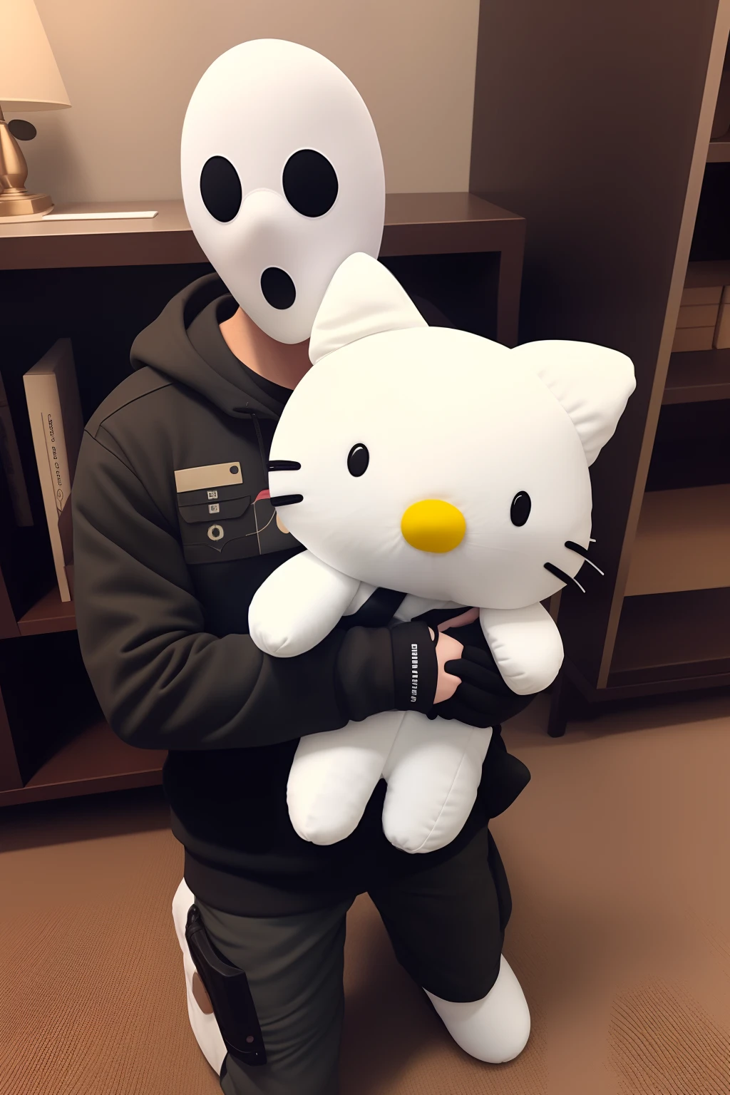 Ghost from call of duty holding a hello kitty plushie