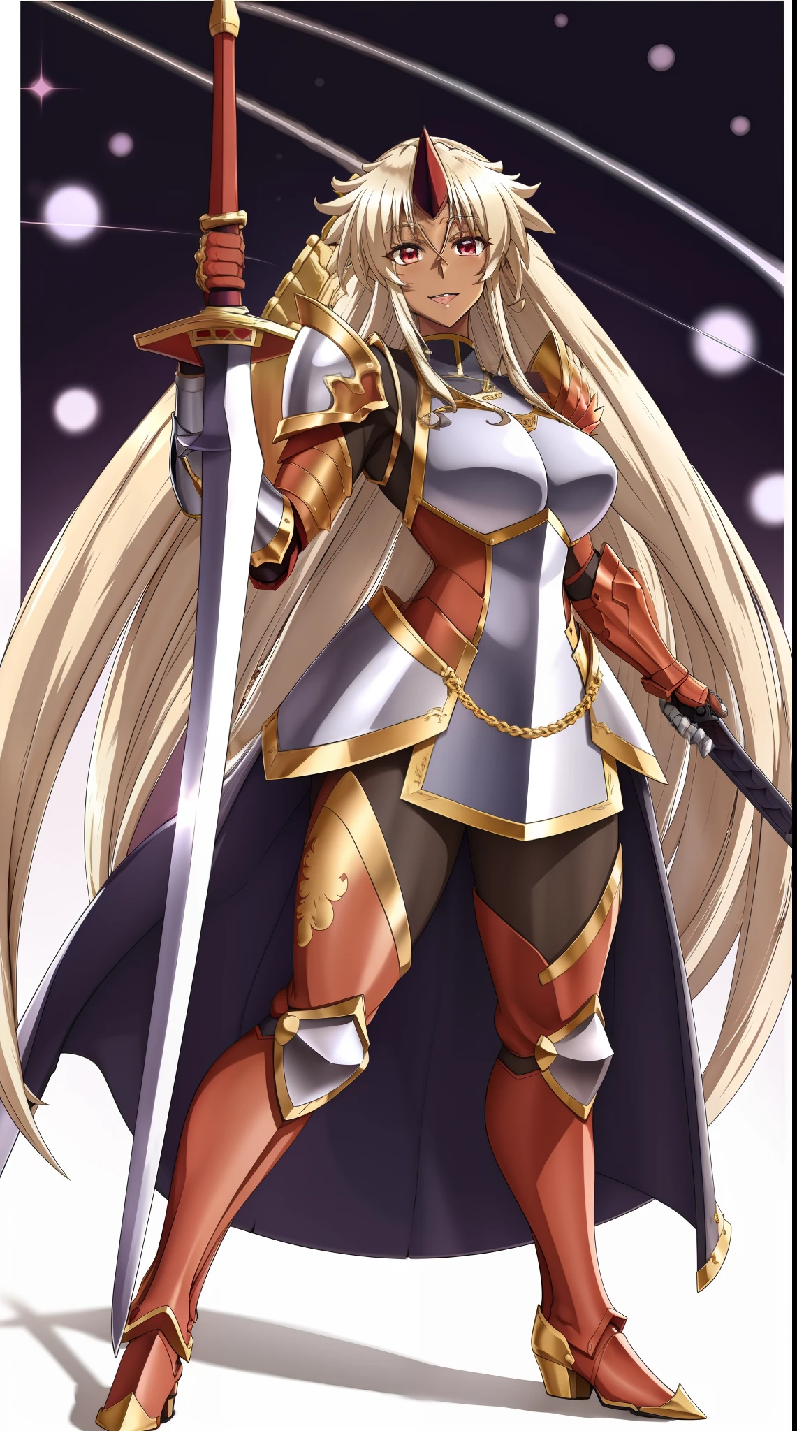 single horn very long hair tall female red eyes dark skinned female, standing, armor, boots, sword holding, joyfull, big smile,full armor