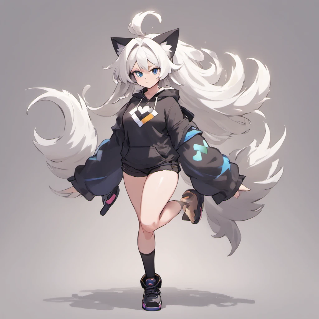 male, has Long white hair, has wolf ears, has wolf tail, has blue eyes, wearing denim short shorts, thigh high fishnets, black combat boots, wearing cropped black hoodie, flat chest, super flat chest, solo femboy, only one femboy ((FLAT CHEST)) (ALONE)(SOLO) Alone, solo, wide hips, thicc thighs, male, is male