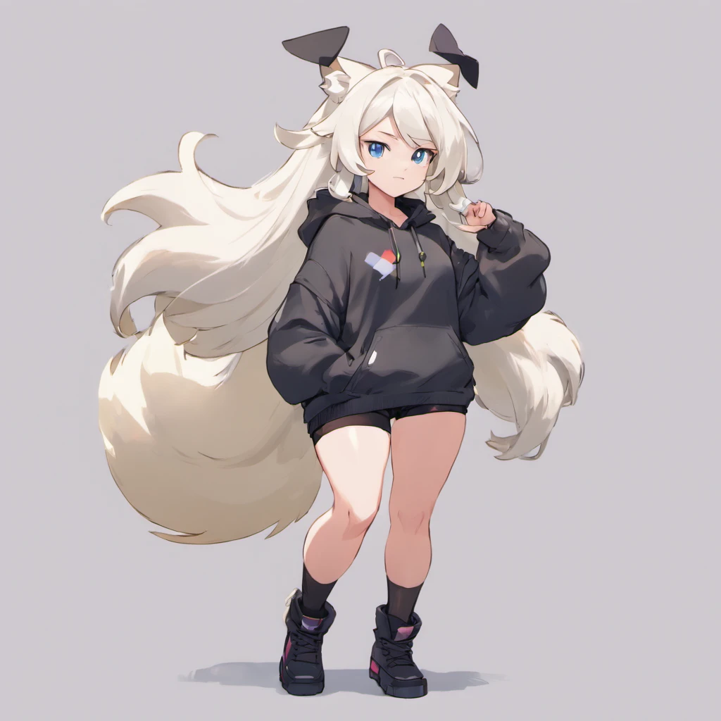 male, has Long white hair, has wolf ears, has wolf tail, has blue eyes, wearing denim short shorts, thigh high fishnets, black combat boots, wearing cropped black hoodie, flat chest, super flat chest, solo femboy, only one femboy ((FLAT CHEST)) (ALONE)(SOLO) Alone, solo, wide hips, thicc thighs, male, is male