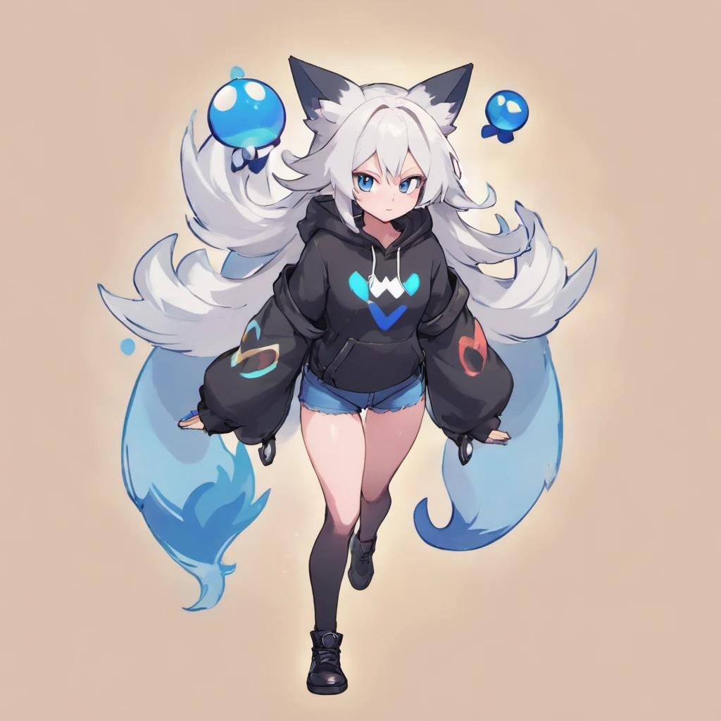 male, has Long white hair, has wolf ears, has wolf tail, has blue eyes, wearing denim short shorts, thigh high fishnets, black combat boots, wearing cropped black hoodie, flat chest, super flat chest, solo femboy, only one femboy ((FLAT CHEST)) (ALONE)(SOLO) Alone, solo, wide hips, thicc thighs, male, is male