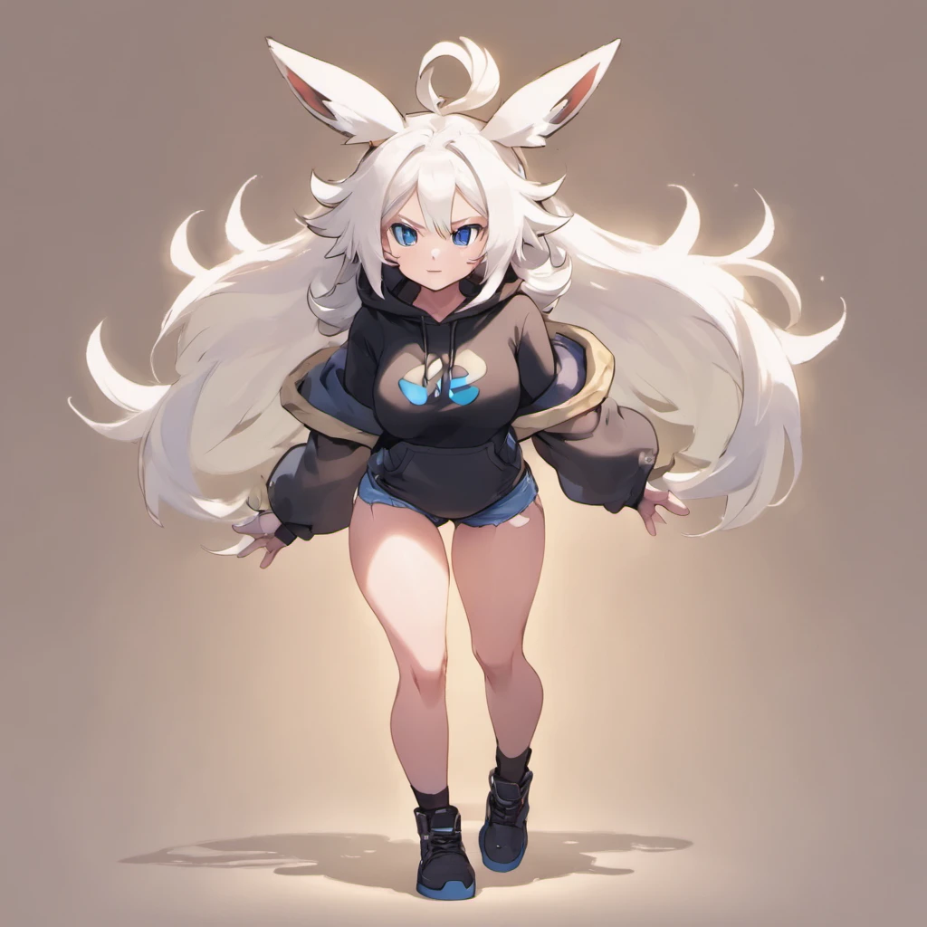 male, has Long white hair, has wolf ears, has wolf tail, has blue eyes, wearing denim short shorts, thigh high fishnets, black combat boots, wearing cropped black hoodie, flat chest, super flat chest, solo femboy, only one femboy ((FLAT CHEST)) (ALONE)(SOLO) Alone, solo, wide hips, thicc thighs, male, is male