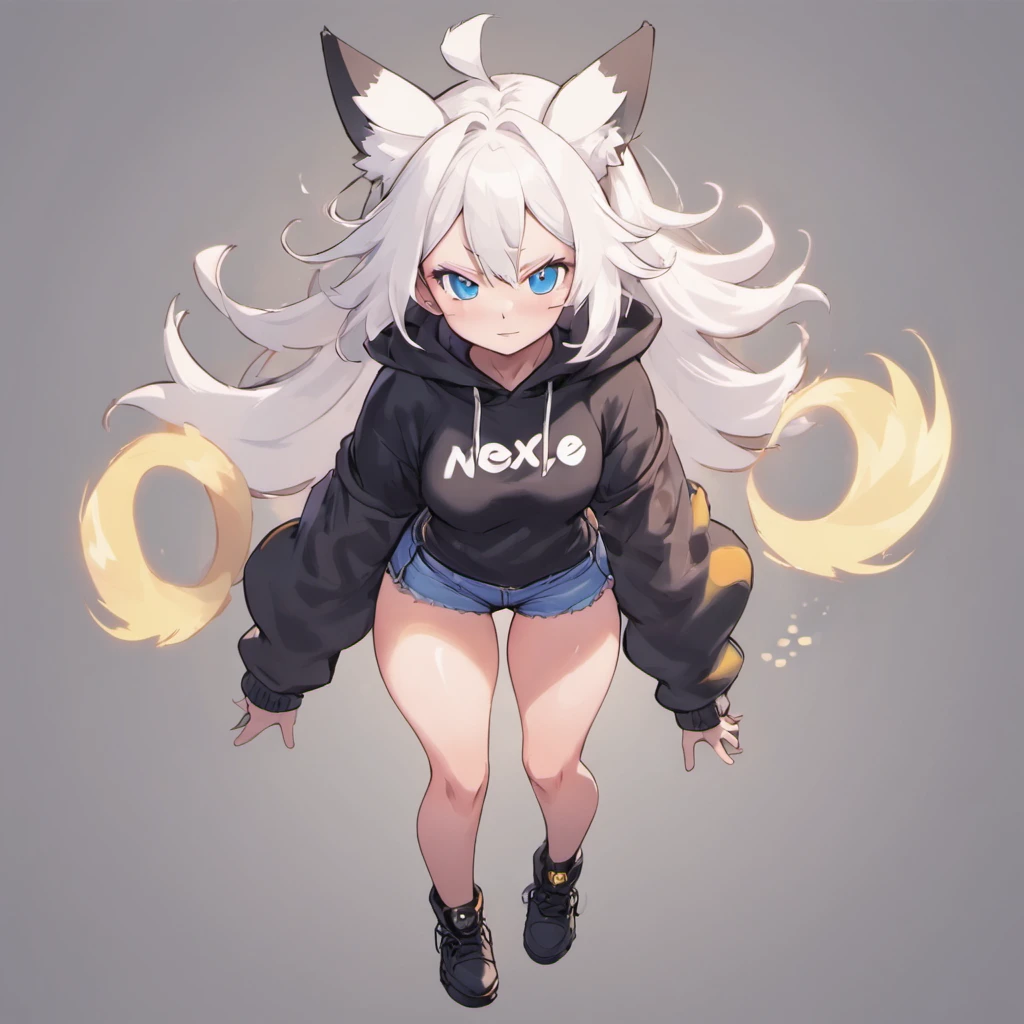 male, has Long white hair, has wolf ears, has wolf tail, has blue eyes, wearing denim short shorts, thigh high fishnets, black combat boots, wearing cropped black hoodie, flat chest, super flat chest, solo femboy, only one femboy ((FLAT CHEST)) (ALONE)(SOLO) Alone, solo, wide hips, thicc thighs, male, is male