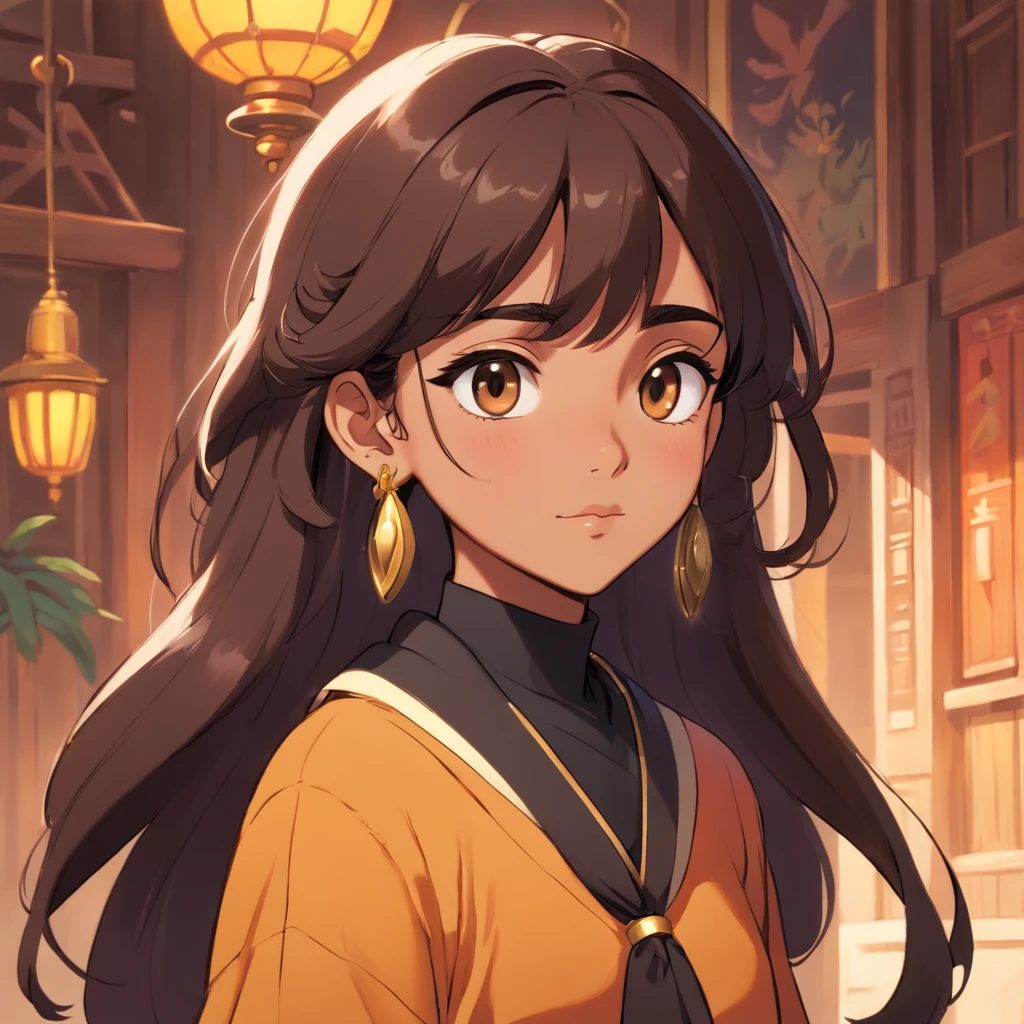 age indian girl with warm tone brown skin. she has black eyes and deep black, medium length, slightly wavy hair. her eyebrows are slightly arched, black, medium thickness. she wears neutral tone modern clothing and gold jewellery.
