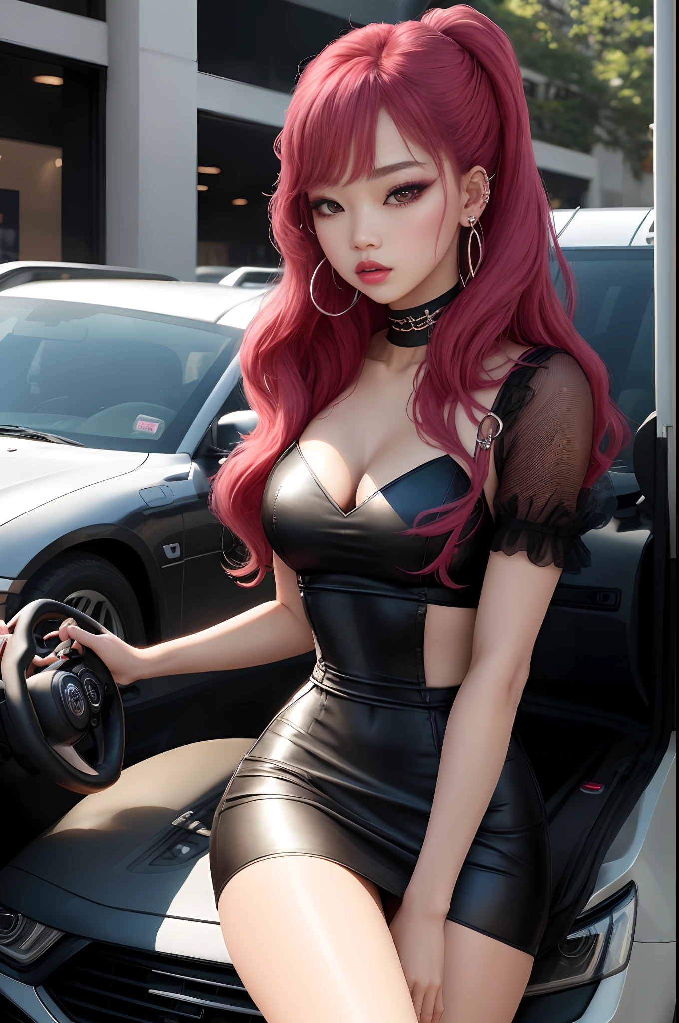 Jennie from Blackpink with piercings on her lips, vestida com um vestido preto colado, e sentada em um banco de um carro
