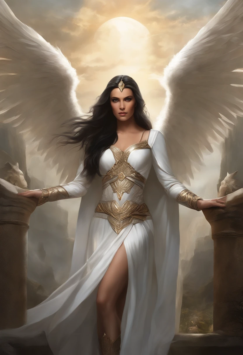 There is a woman all white and pale skin, with metallic wings and long black hair, big eyes, who is standing majestically in a white castle with a sword;, ((highly detailed)), Artgerm Julie Bell Beeple, Mage the Sorceress Reuninda, Atlantis Mystic Valkyrie, Elven Sarcedotisa, graphic artist magali villeneuve, Ethereal Fantasy, magic style the encounter, Lady of Change, angel valkyrie girl, like a mystical warrior