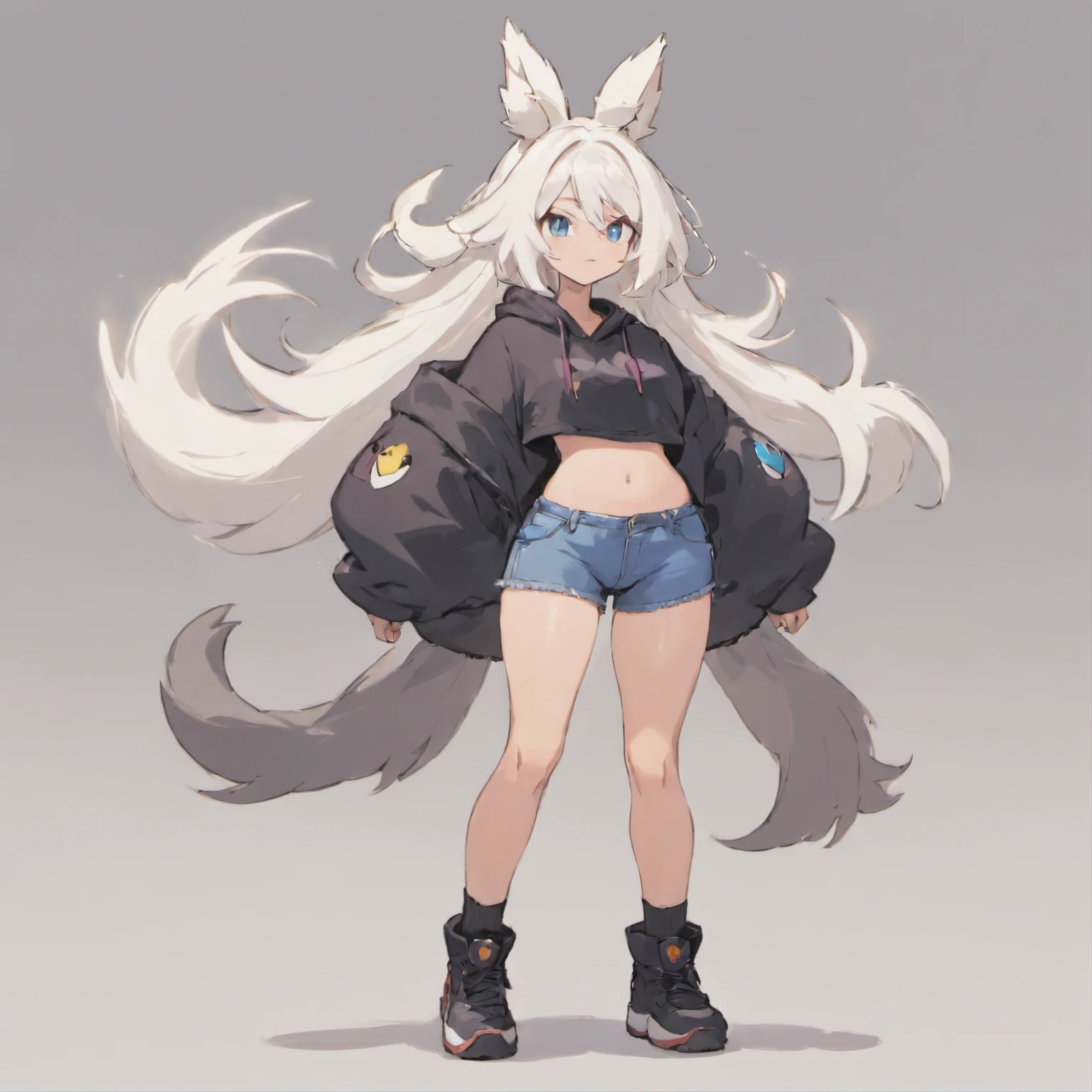 male, has Long white hair, has wolf ears, has wolf tail, has blue eyes, wearing denim short shorts, thigh high fishnets, black combat boots, wearing cropped black hoodie, flat chest, super flat chest, solo femboy, only one femboy ((FLAT CHEST)) (ALONE)(SOLO) Alone, solo, wide hips, thicc thighs, male, is male