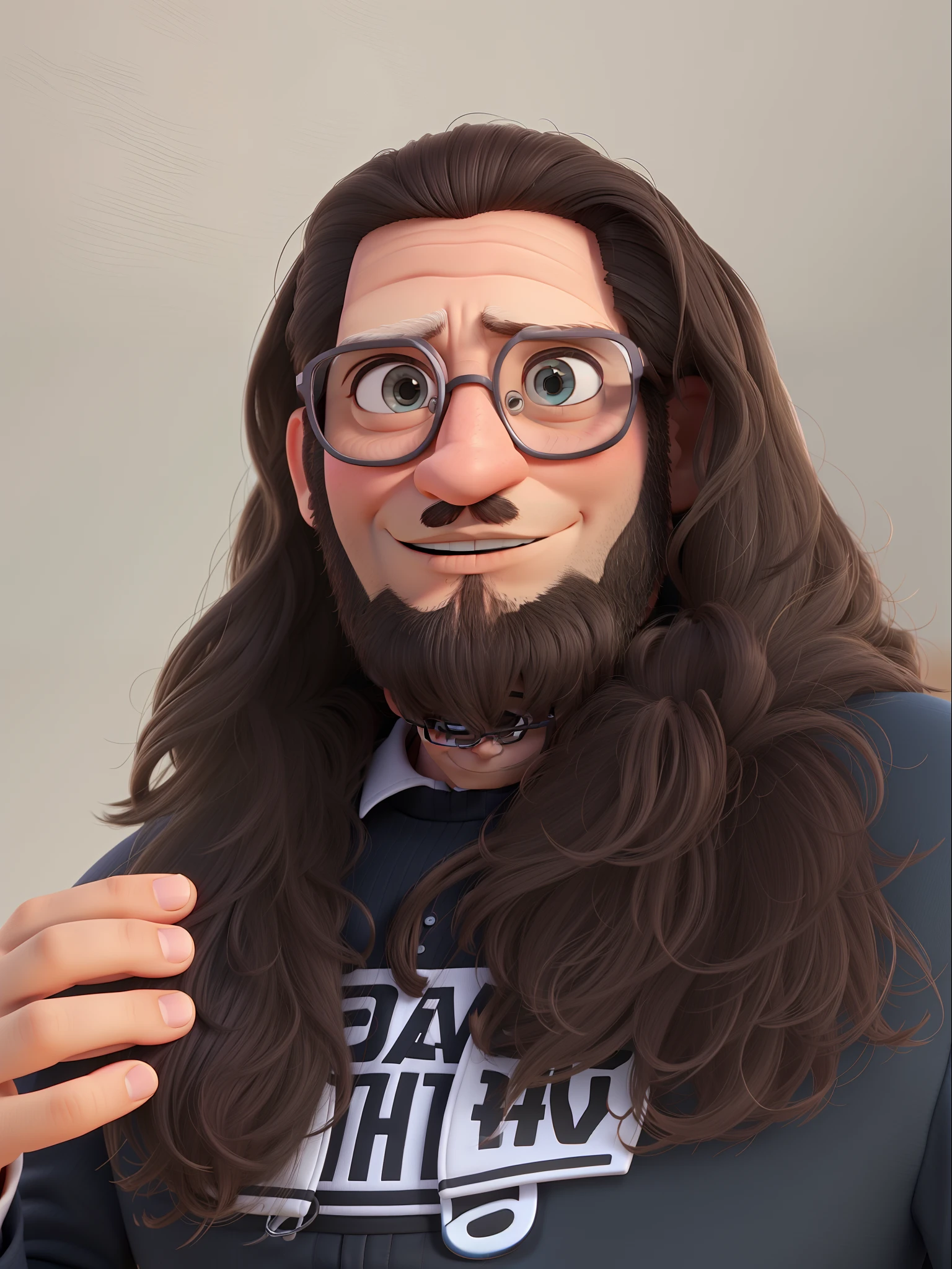Um homem de cabelos longos com oculos redondo no estilo disney pixar