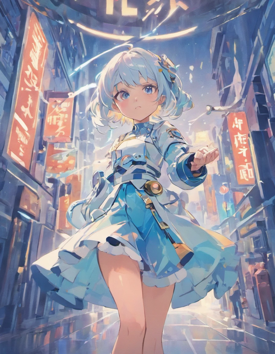Small and young,Pretty girl,Only blue, white, and light blue are used.,Street,Anime style,Big guns,Near-futuristic