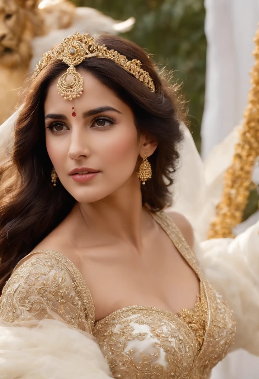 Indian Actresses Katrina Kaif，The whole body is surrounded by white ribbons，Holding a golden scepter in his hand, He sits on a lion made of crystal，Flexible body，Pleasant appearance，Super clear，4K，The picture quality of the movie，Easy composition，The texture of the arrival of angels