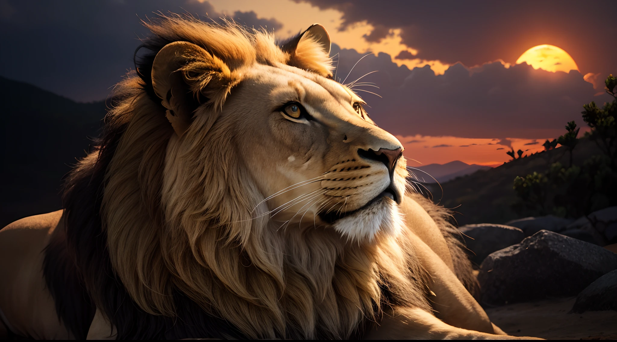 Lion, Divine Lion, naturais, Natureza, Natureza, Linda, renderizado, fotorrealista, UltraHD, 4k, texturasdetalhadas, thunders, sombras detalhadas, cores detalhadas, por do sol, sol se pondo, Sunset, Natureza Linda, Great Divine, por do sol, contraste detalhado, contraste realista, alta resolução, cores detalhadas, fogo, eletricidade, divina criatura, 8k, Detailed Realistic, 16K, 8K, HD