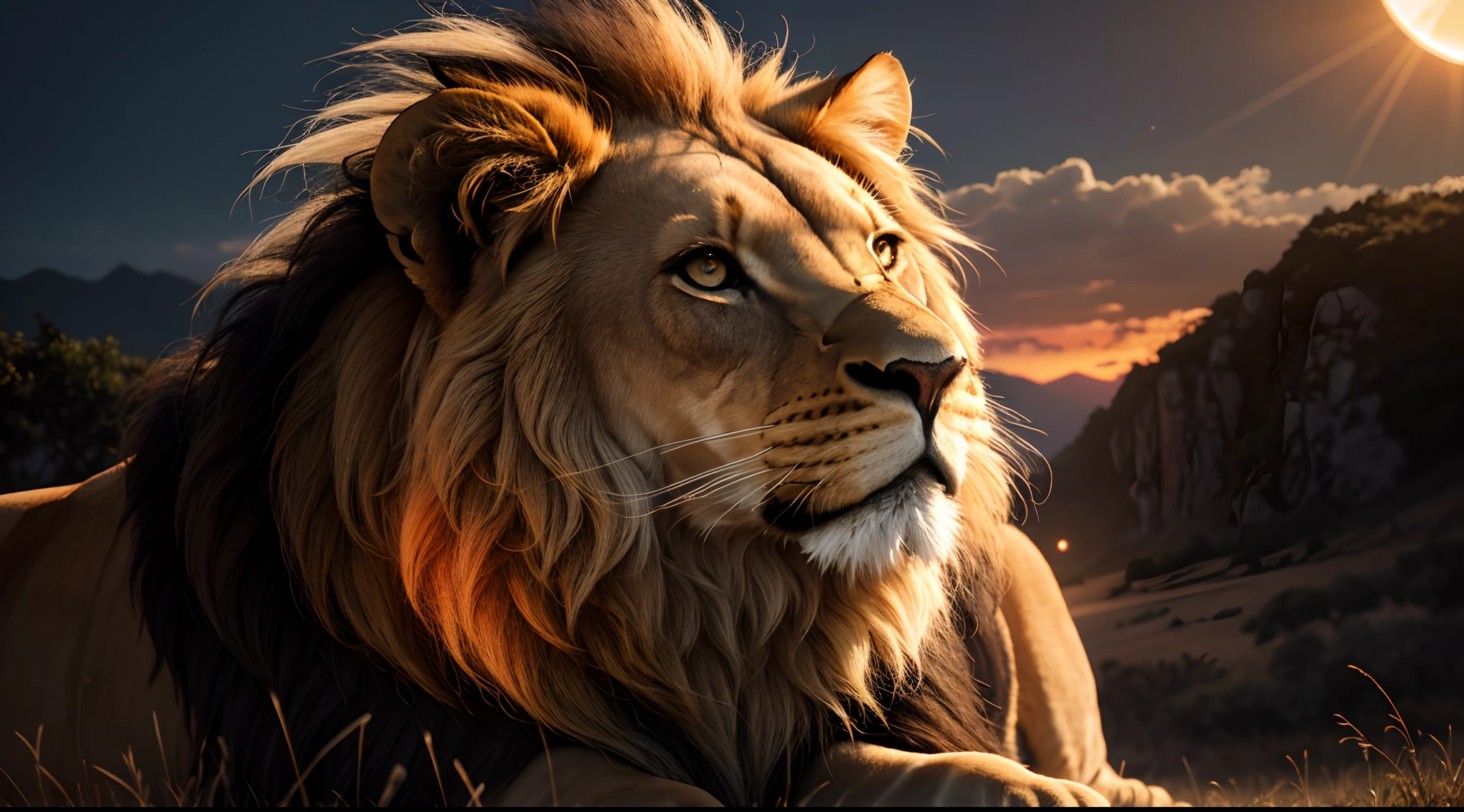 Lion, Divine Lion, naturais, Natureza, Natureza, Linda, renderizado, fotorrealista, UltraHD, 4k, texturasdetalhadas, thunders, sombras detalhadas, cores detalhadas, por do sol, sol se pondo, Sunset, Natureza Linda, Great Divine, por do sol, contraste detalhado, contraste realista, alta resolução, cores detalhadas, fogo, eletricidade, divina criatura, 8k, Detailed Realistic, 16K, 8K, HD