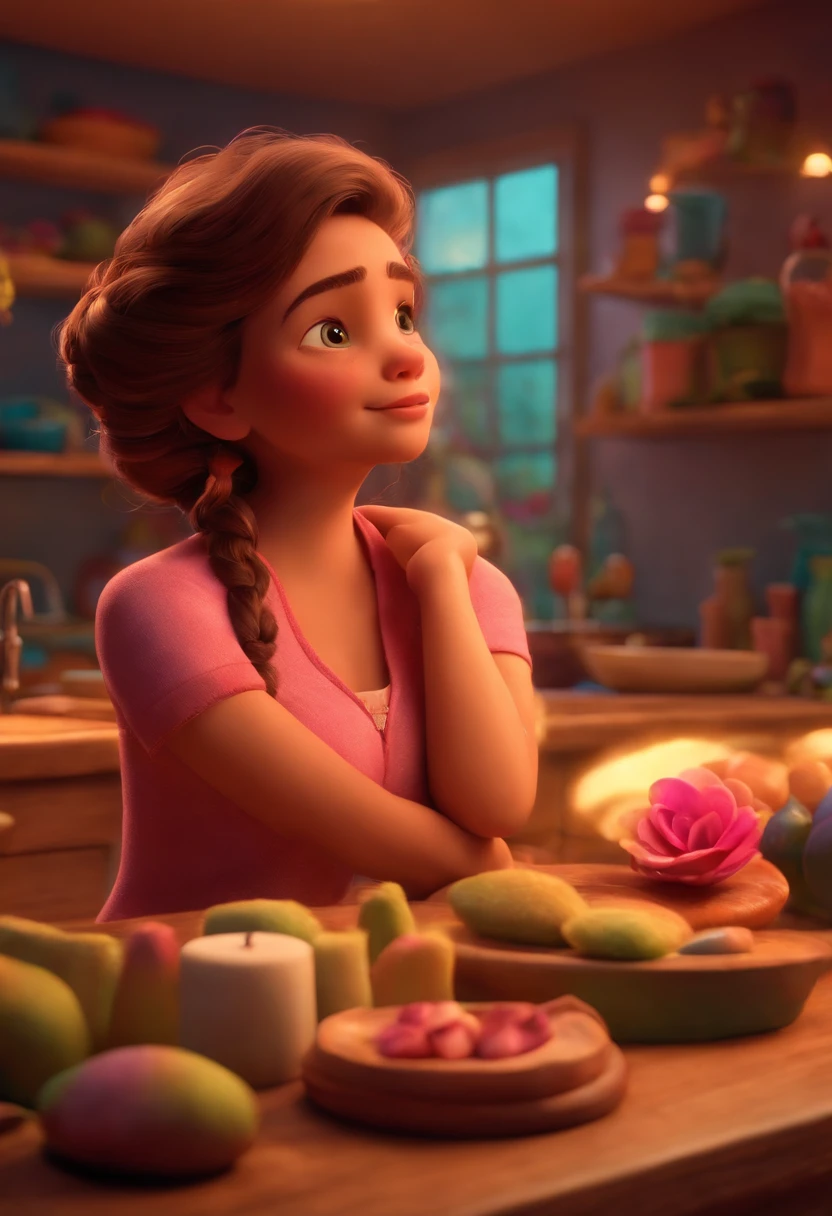 Make a Girl, ela esta fazendo massagem, tipo cenario da Disney rosa, ela esta deitada na maca, Pixar, ..3d, Disney