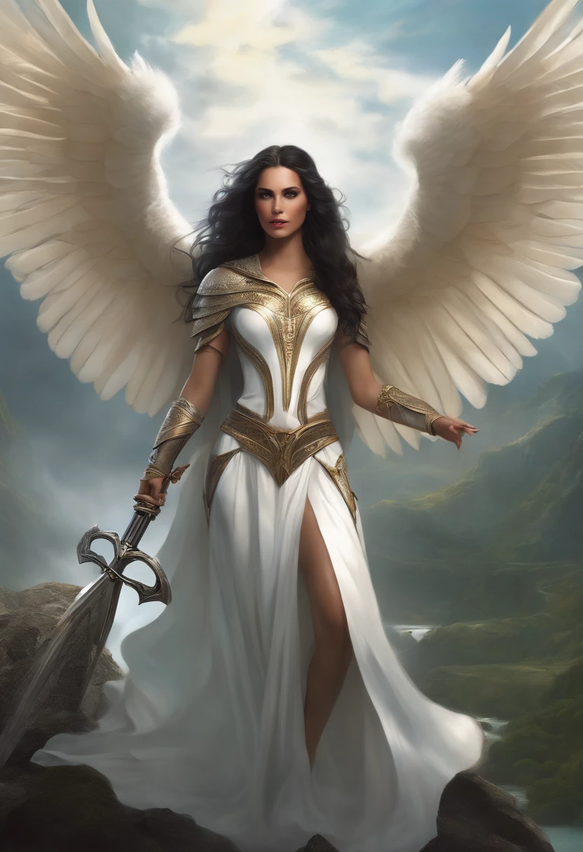 There is a woman all white and pale skin, with metallic wings and long black hair, big eyes, who is standing majestically in a white castle with a sword;, ((highly detailed)), Artgerm Julie Bell Beeple, Mage the Sorceress Reuninda, Atlantis Mystical Valkyrie, round face, elf Sarcedotisa, graphic artist magali villeneuve, Ethereal Fantasy, magic style the encounter, Lady of Change, angel valkyrie girl, like a mystical warrior