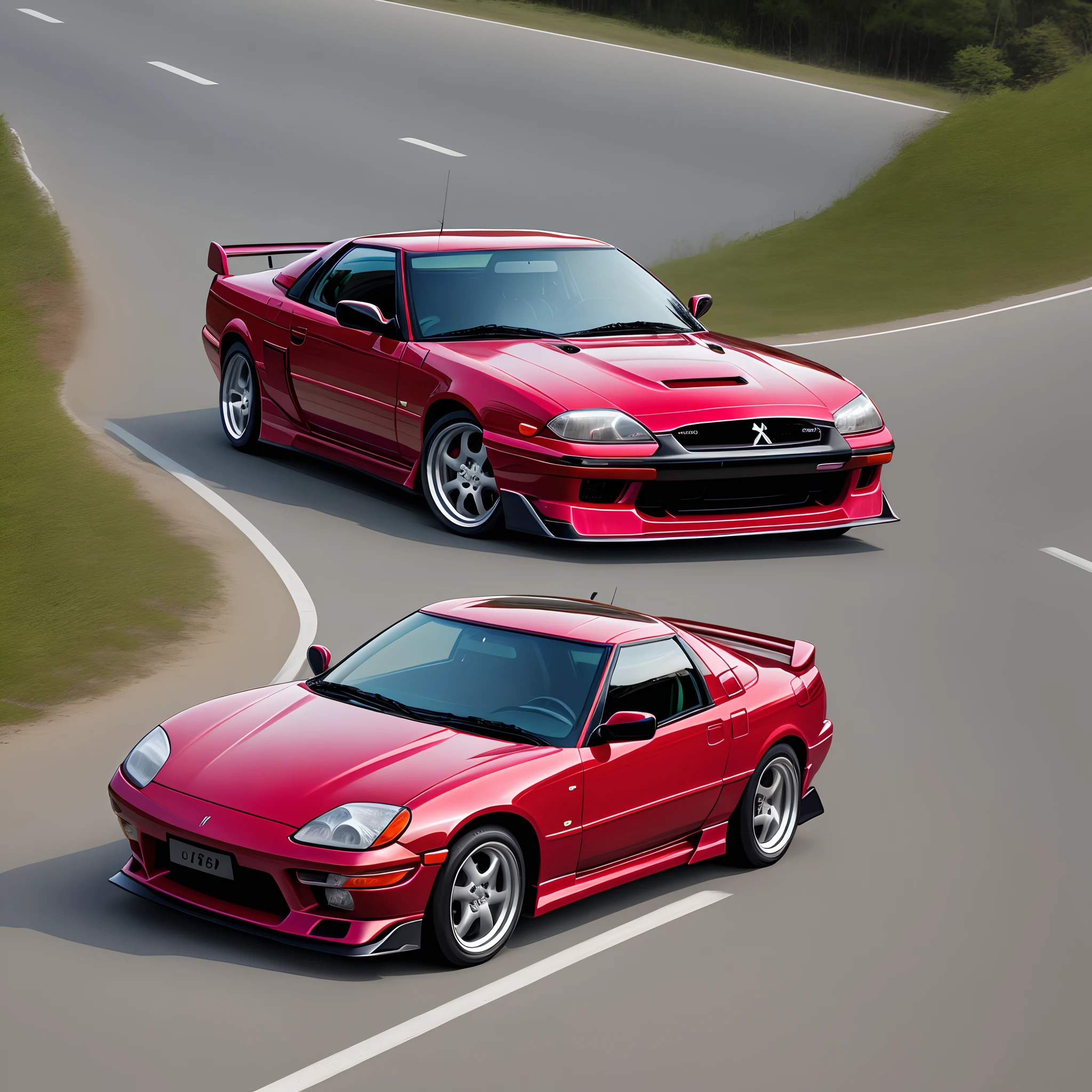 Hitori Gotoh driving a red Mitsubishi 3000gt